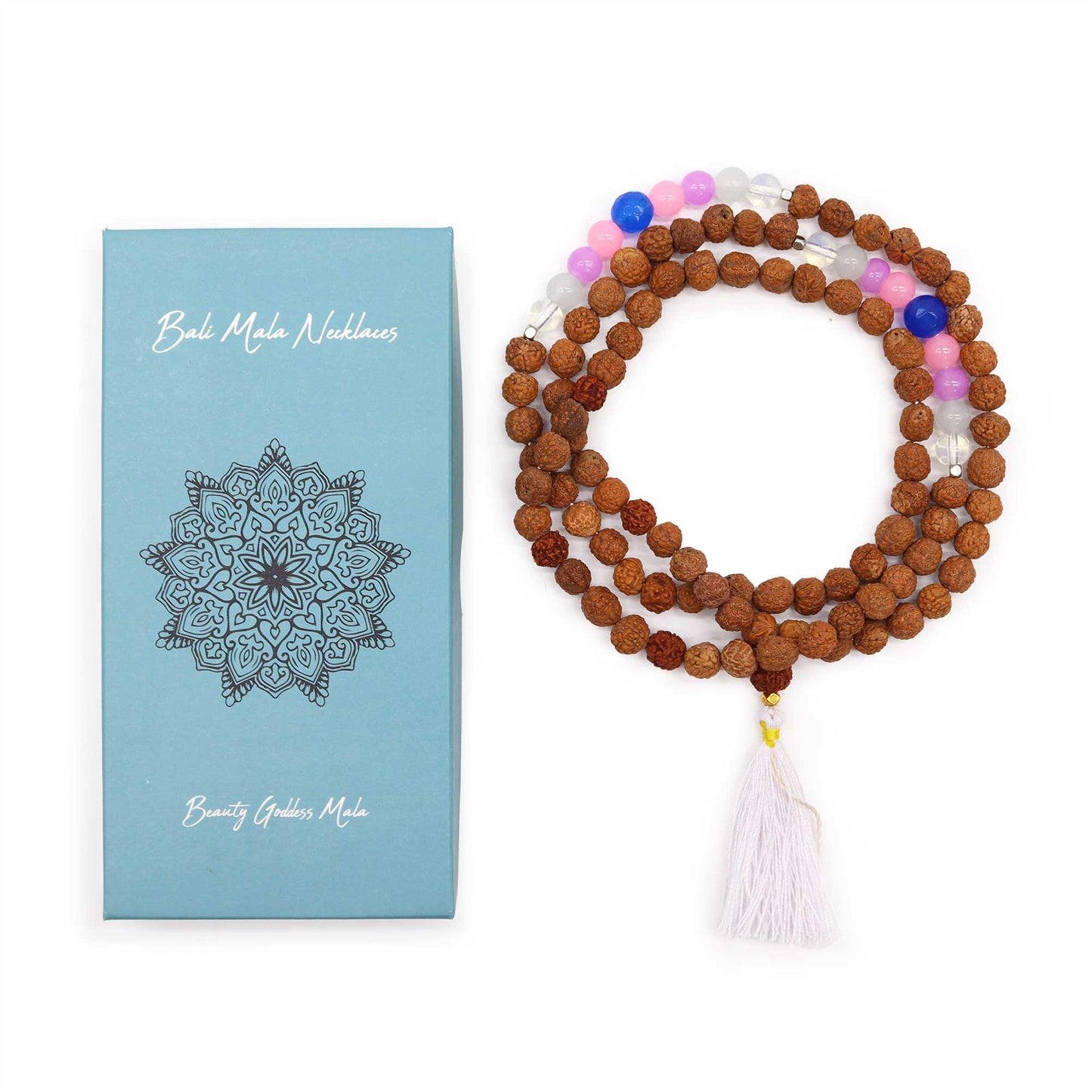 "Beauty Goddess Mala necklace with Rudraksha beads and soft-toned glass accents in pink, white, and blue, finished with a white tassel and gift box."
