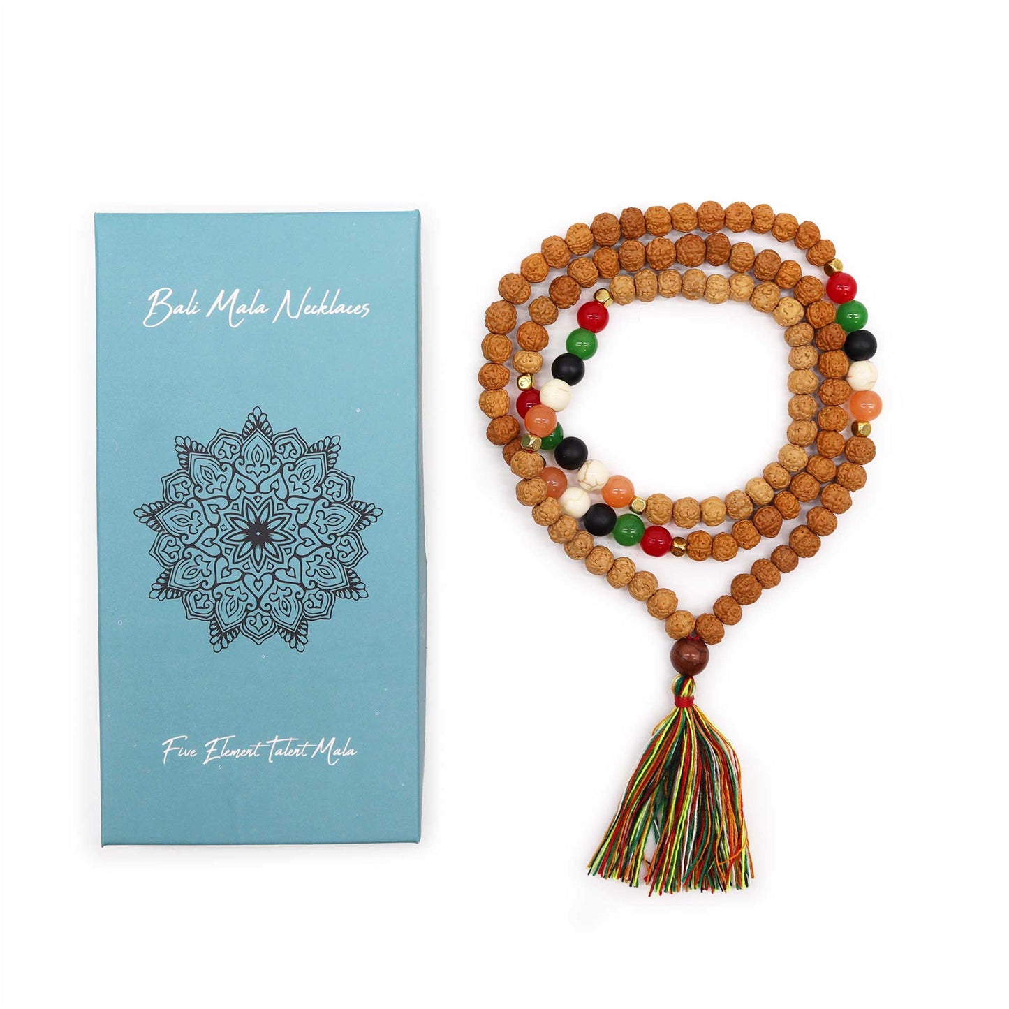 "Five Element Talent Mala with Rudraksha and multicoloured earth-tone beads in white, black, grey, red, green and orange, with a multicoloured tassel and gift box."
