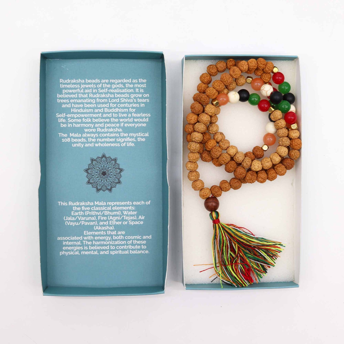"Five Element Talent Mala with Rudraksha and multicoloured earth-tone beads in white, black, grey, red, green and orange, with a multicoloured tassel and gift box."