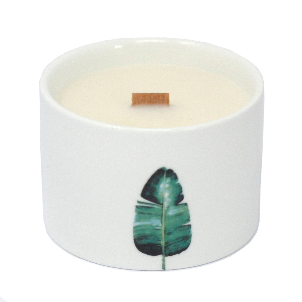 Set of 3 Mulberry Harvest botanical soy candles in ceramic jars with wood wicks and fruity fragrance