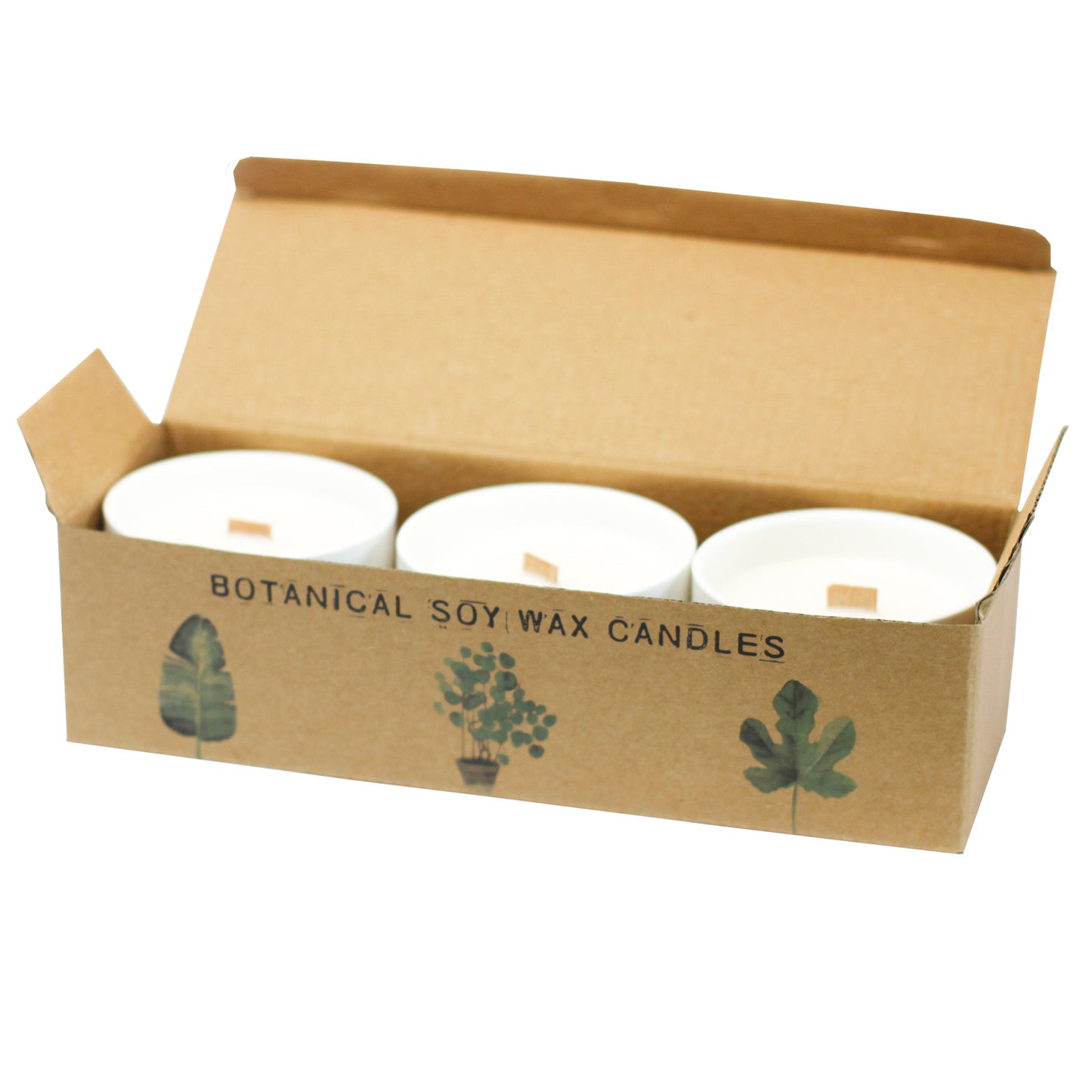 Set of 3 Mulberry Harvest botanical soy candles in ceramic jars with wood wicks and fruity fragrance