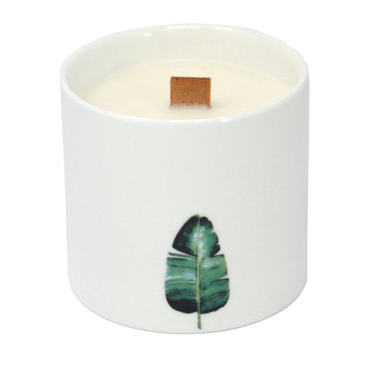 Set of 3 Marsh Viola botanical soy candles in ceramic jars with wooden wicks and floral green scent