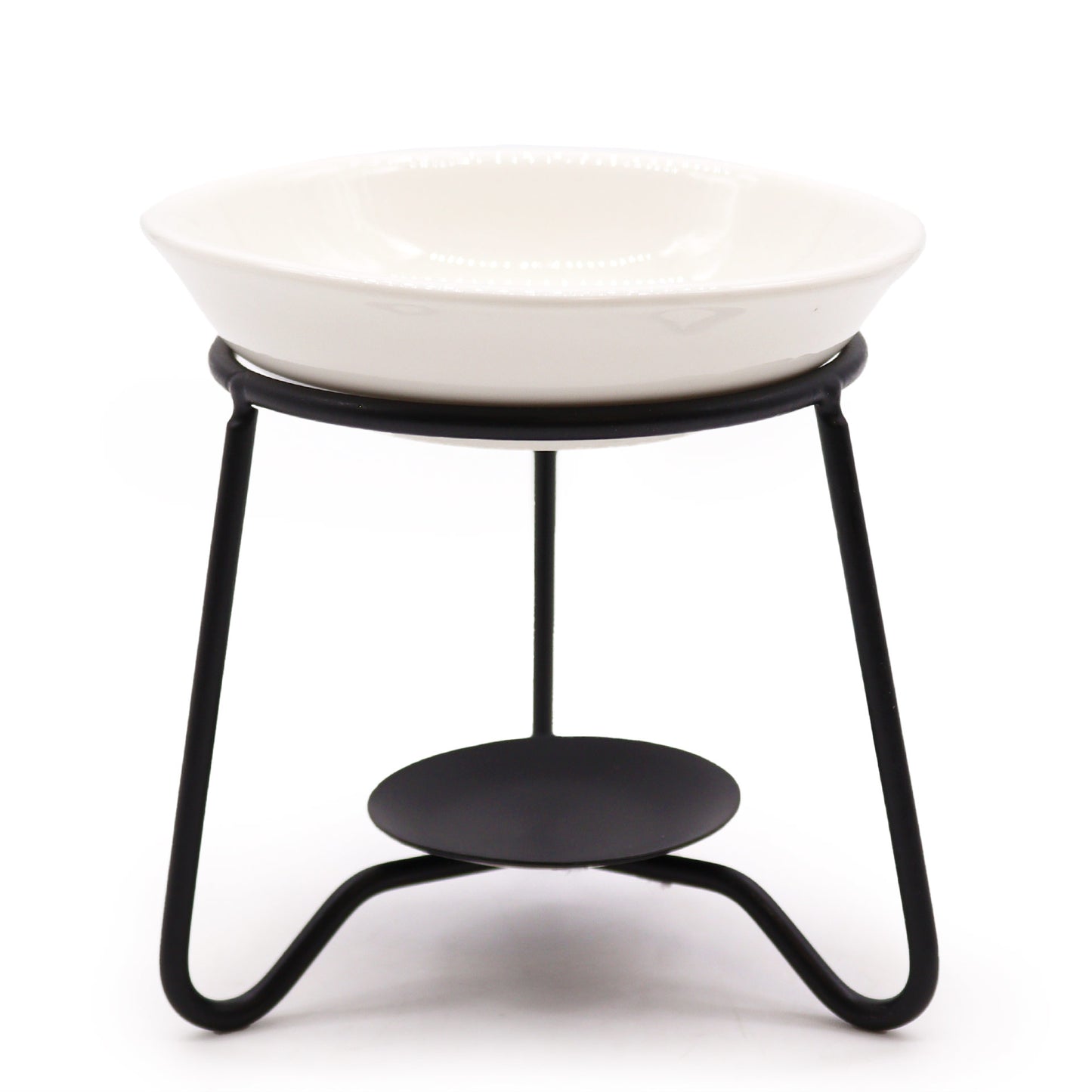 White ceramic oil burner dish on black metal stand, simple modern design for essential oils and tealights