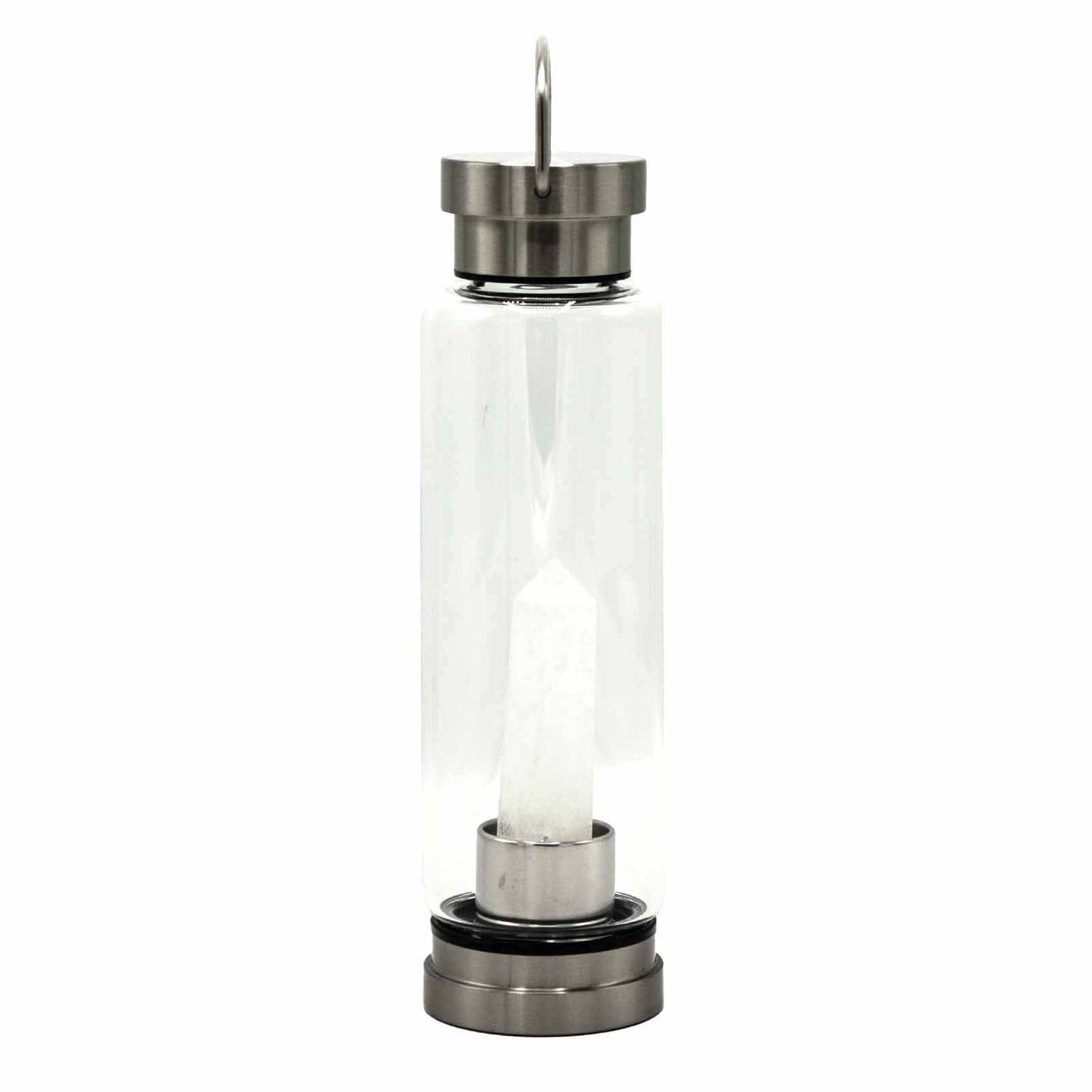 Glass water bottle with clear quartz crystal obelisk, stainless steel lid and base, neoprene sleeve, and gift box. 500ml BPA-free for clarity and energy alignment.