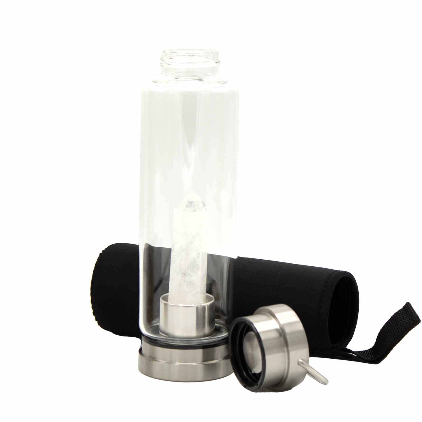Glass water bottle with clear quartz crystal obelisk, stainless steel lid and base, neoprene sleeve, and gift box. 500ml BPA-free for clarity and energy alignment.