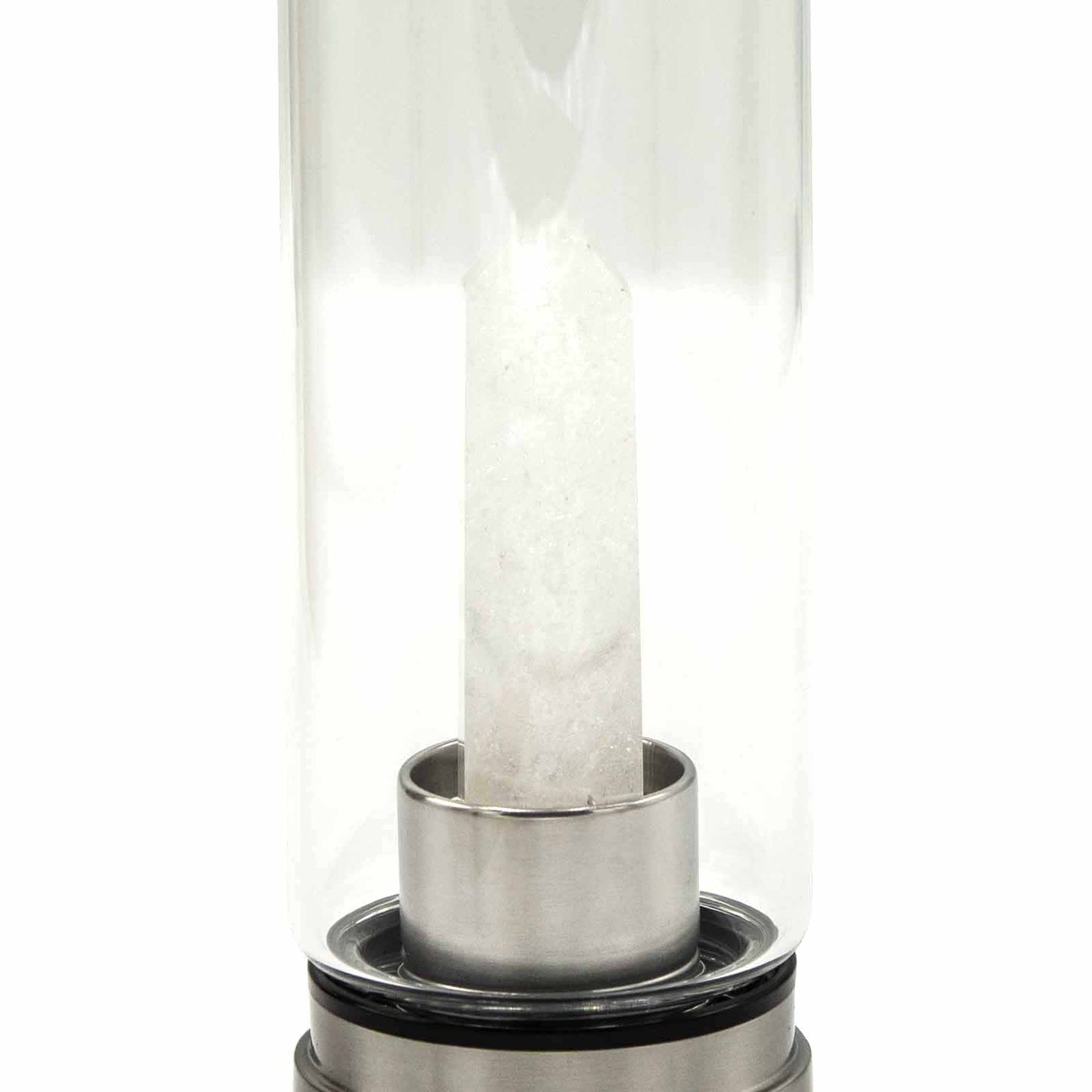 Glass water bottle with clear quartz crystal obelisk, stainless steel lid and base, neoprene sleeve, and gift box. 500ml BPA-free for clarity and energy alignment.