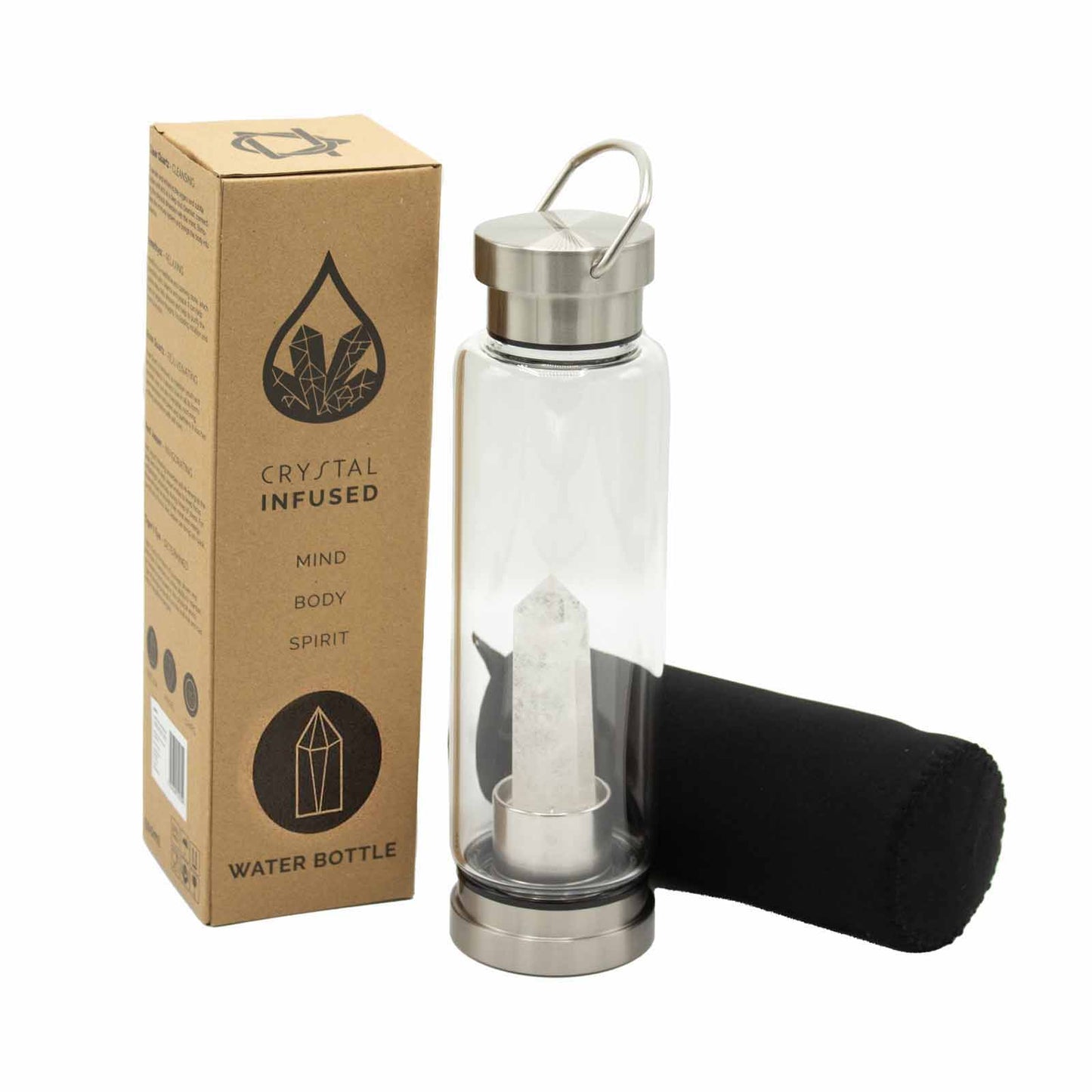 Glass water bottle with clear quartz crystal obelisk, stainless steel lid and base, neoprene sleeve, and gift box. 500ml BPA-free for clarity and energy alignment.