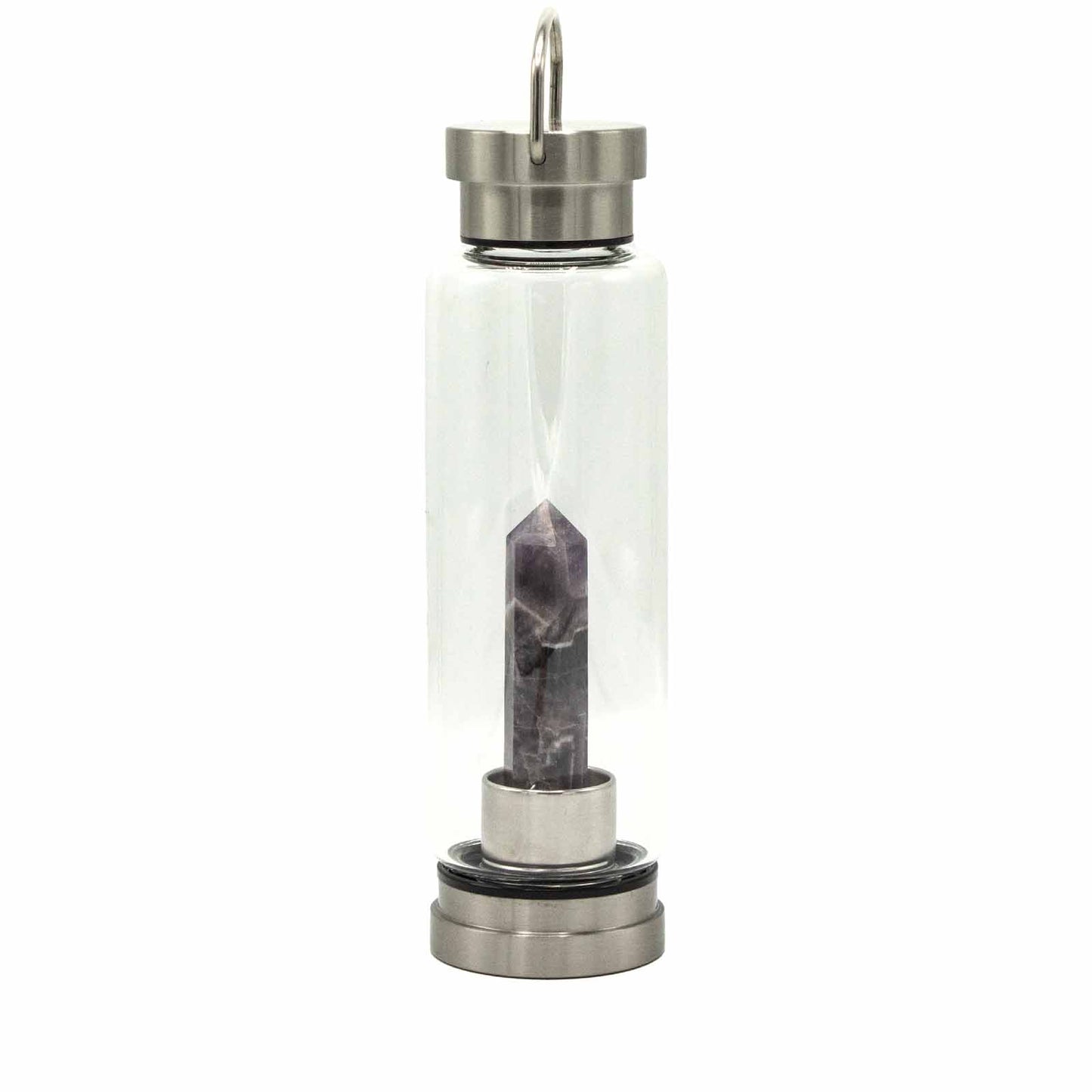 Glass water bottle with amethyst crystal obelisk, stainless steel lid and base, neoprene sleeve, and gift box. 500ml BPA-free for calm, clarity, and intuition.
