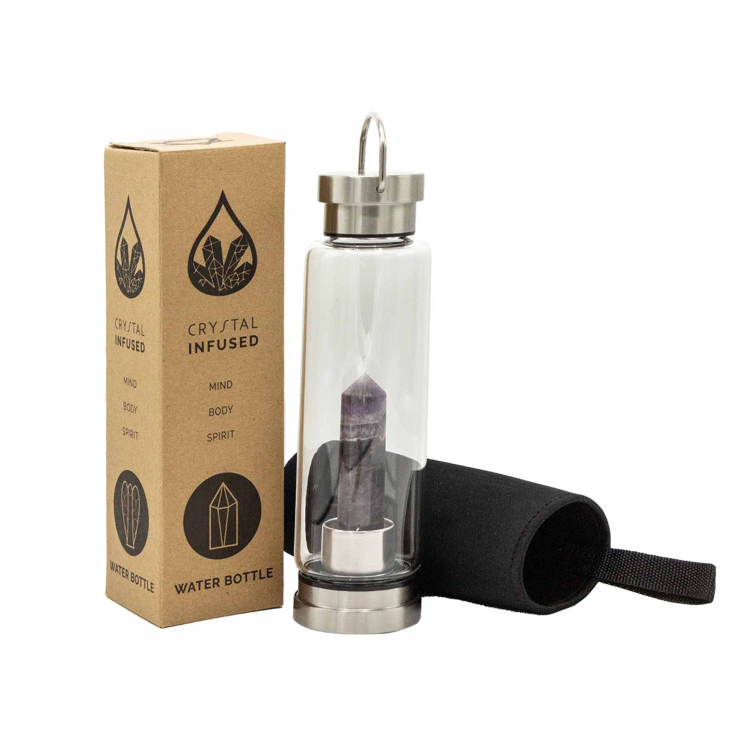 Glass water bottle with amethyst crystal obelisk, stainless steel lid and base, neoprene sleeve, and gift box. 500ml BPA-free for calm, clarity, and intuition.