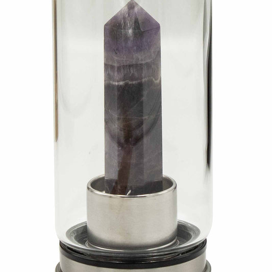 Glass water bottle with amethyst crystal obelisk, stainless steel lid and base, neoprene sleeve, and gift box. 500ml BPA-free for calm, clarity, and intuition.