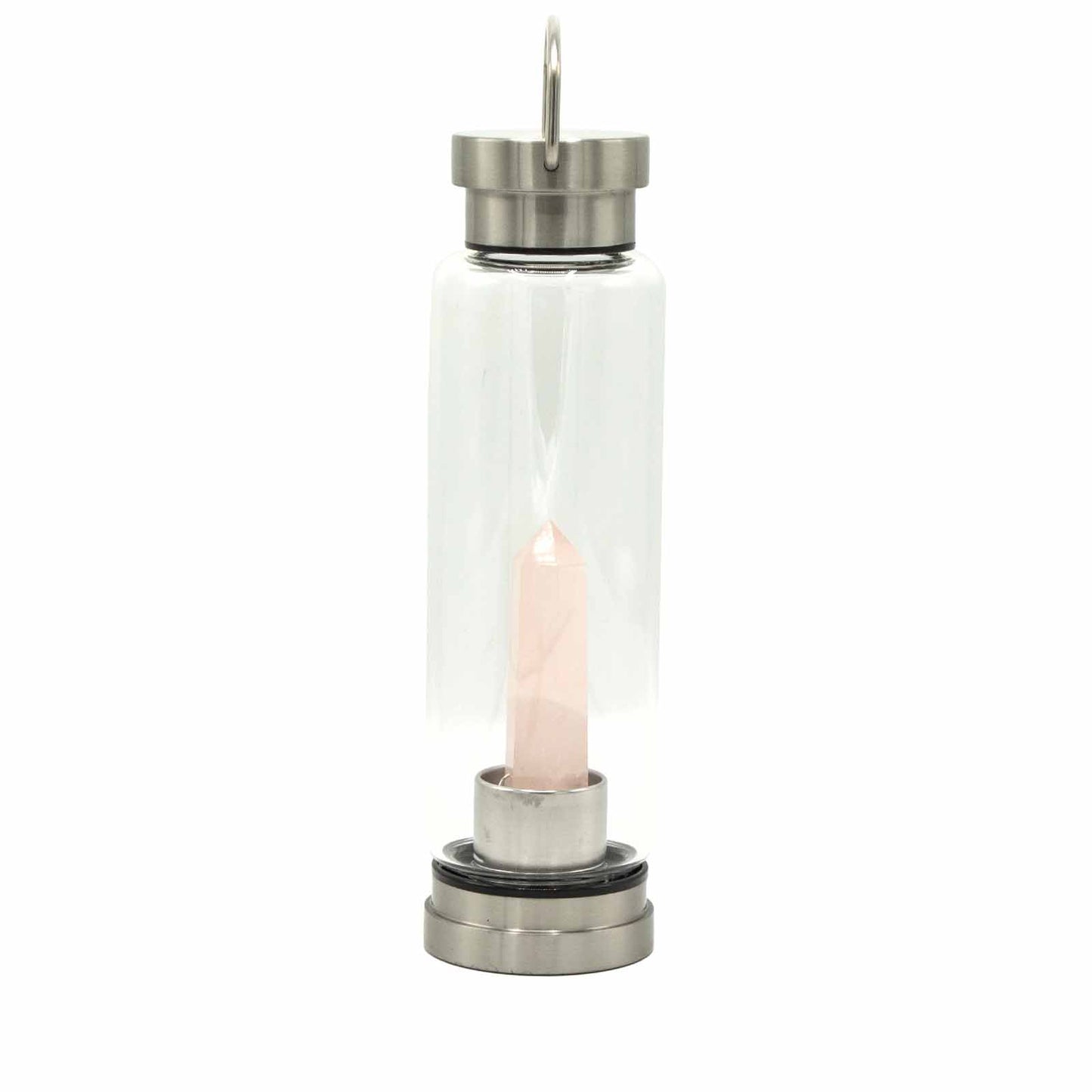 Glass crystal water bottle with rose quartz obelisk, stainless steel lid and base, black neoprene sleeve, and gift box. 500ml BPA-free for love and emotional healing.