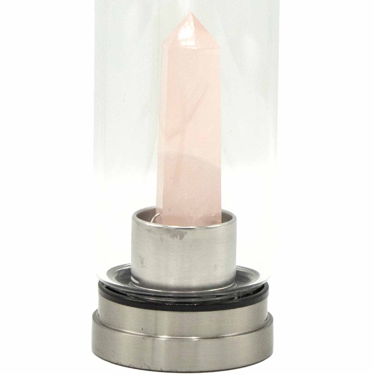 Glass crystal water bottle with rose quartz obelisk, stainless steel lid and base, black neoprene sleeve, and gift box. 500ml BPA-free for love and emotional healing.