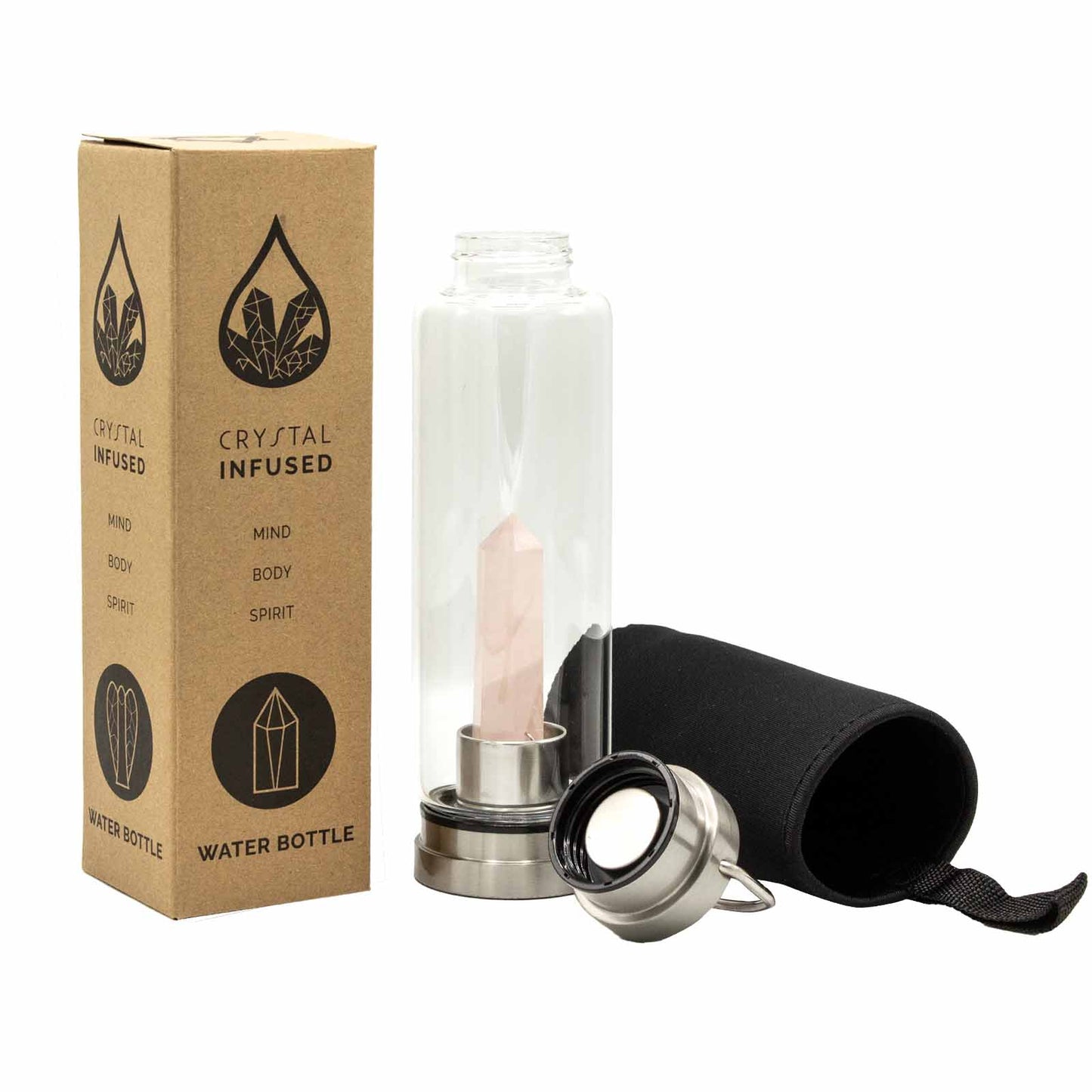 Glass crystal water bottle with rose quartz obelisk, stainless steel lid and base, black neoprene sleeve, and gift box. 500ml BPA-free for love and emotional healing.