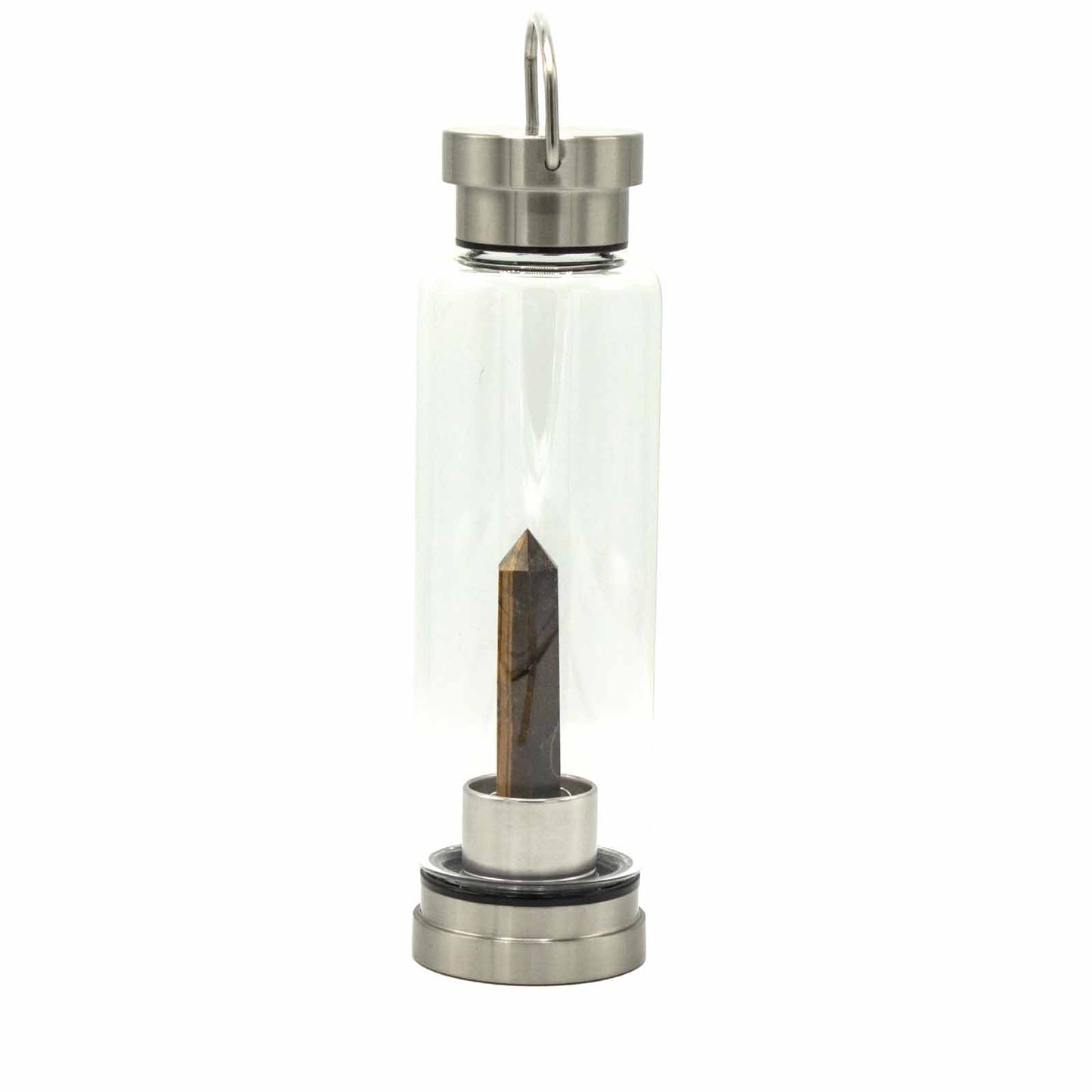 Glass water bottle with tiger’s eye crystal obelisk, stainless steel lid and base, neoprene sleeve, and gift box. 500ml BPA-free bottle for focus and grounding.