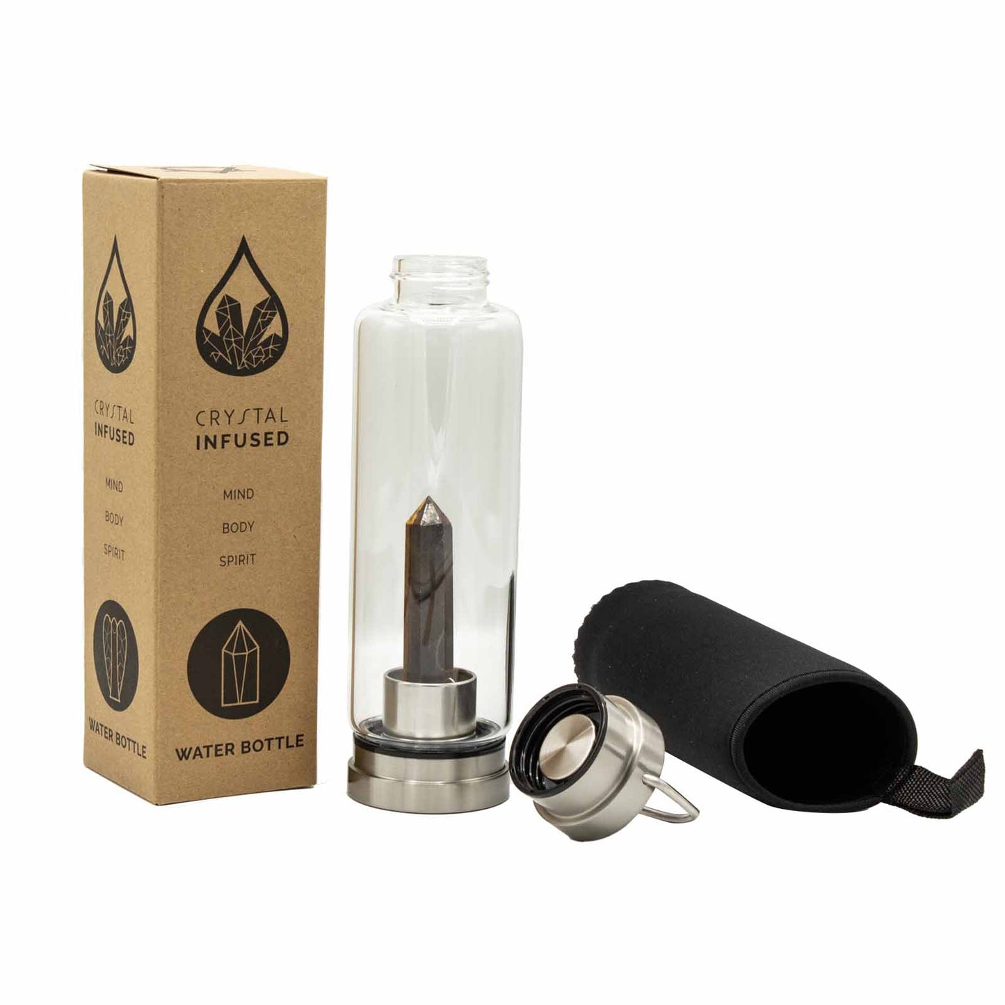 Glass water bottle with tiger’s eye crystal obelisk, stainless steel lid and base, neoprene sleeve, and gift box. 500ml BPA-free bottle for focus and grounding.