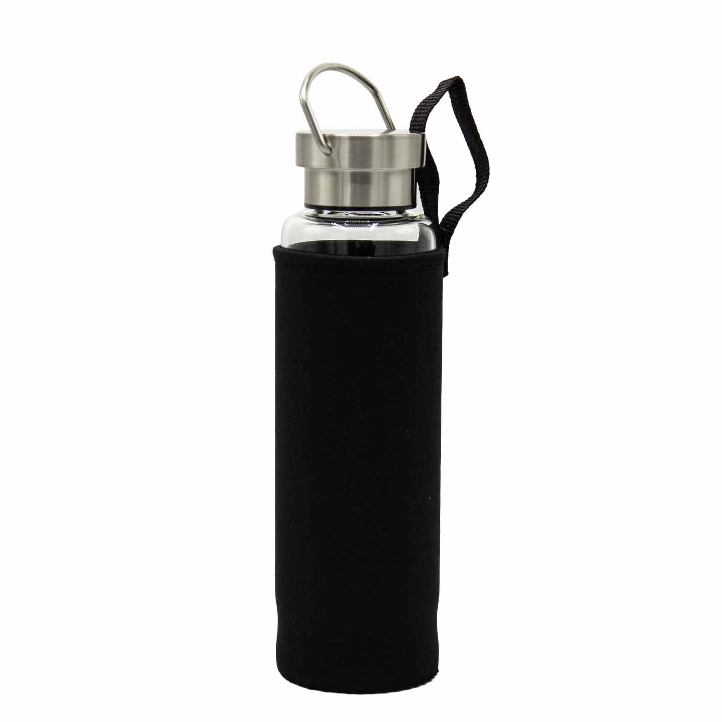 Glass water bottle with tiger’s eye crystal obelisk, stainless steel lid and base, neoprene sleeve, and gift box. 500ml BPA-free bottle for focus and grounding.