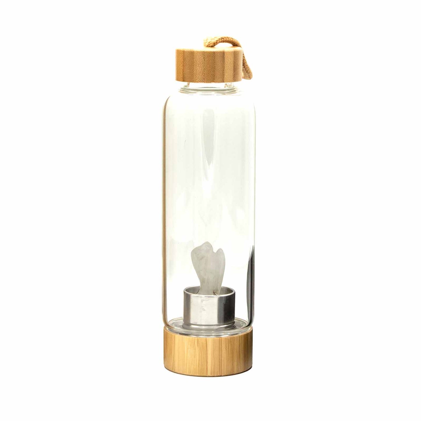 Glass crystal water bottle with clear quartz angel, bamboo lid and base, neoprene sleeve, and gift box. 500ml BPA-free for clarity, healing, and balance.