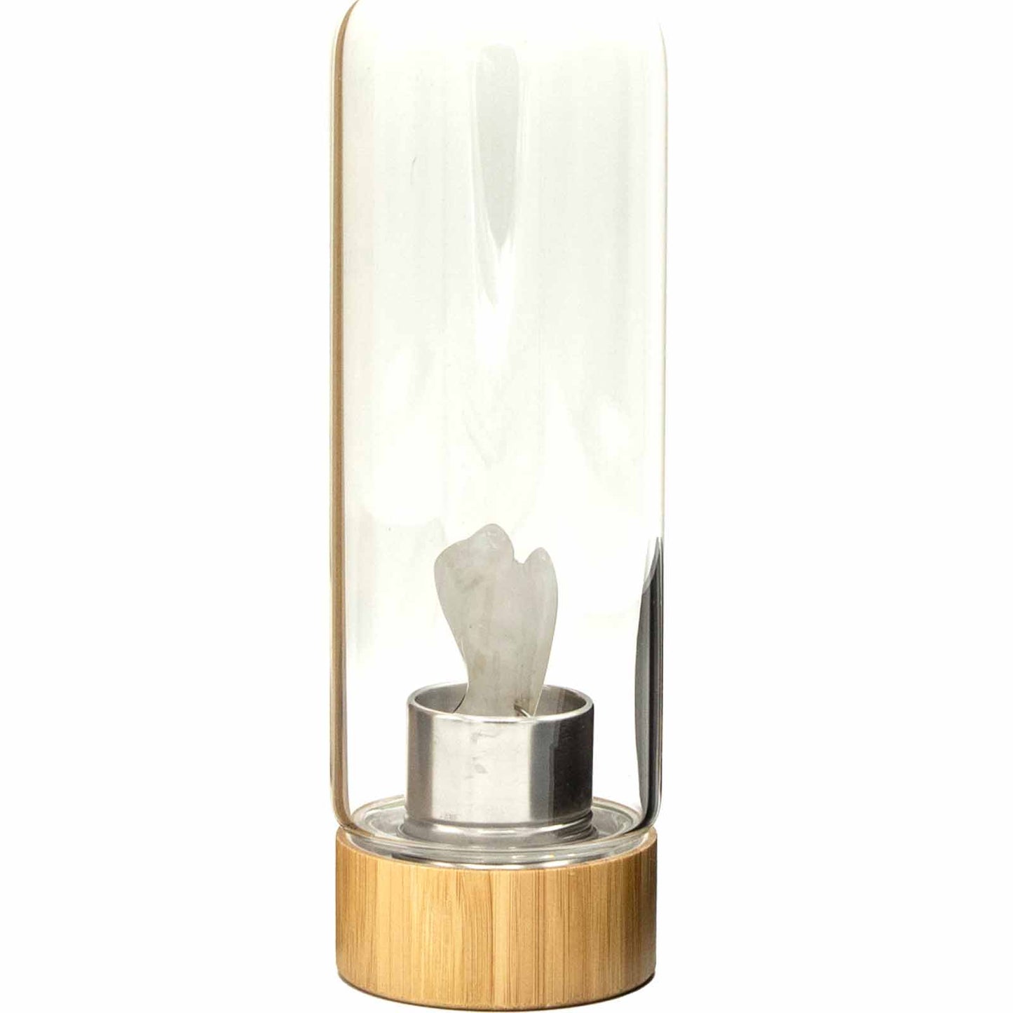 Glass crystal water bottle with clear quartz angel, bamboo lid and base, neoprene sleeve, and gift box. 500ml BPA-free for clarity, healing, and balance.