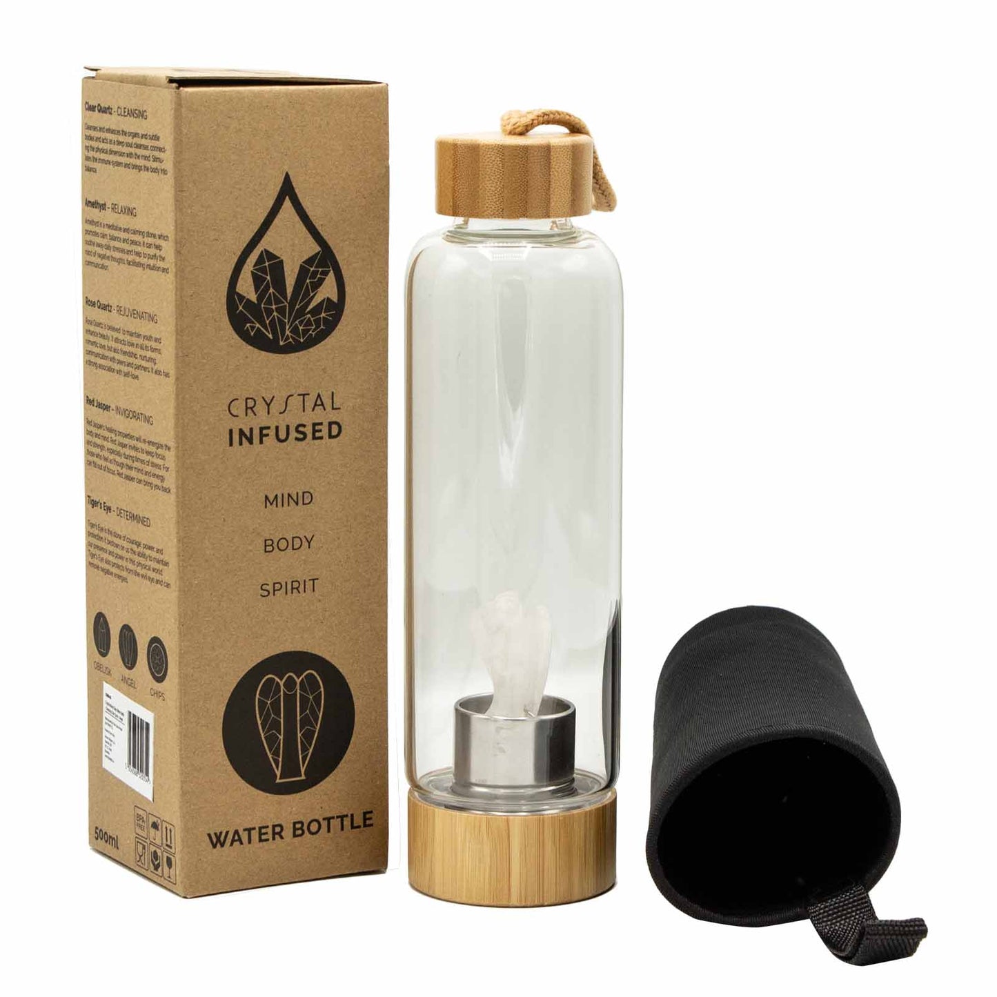 Glass crystal water bottle with clear quartz angel, bamboo lid and base, neoprene sleeve, and gift box. 500ml BPA-free for clarity, healing, and balance.