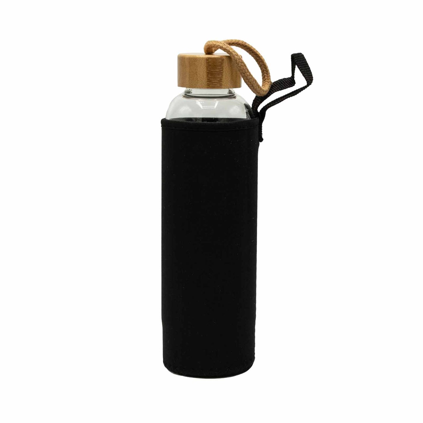 Glass crystal water bottle with clear quartz angel, bamboo lid and base, neoprene sleeve, and gift box. 500ml BPA-free for clarity, healing, and balance.