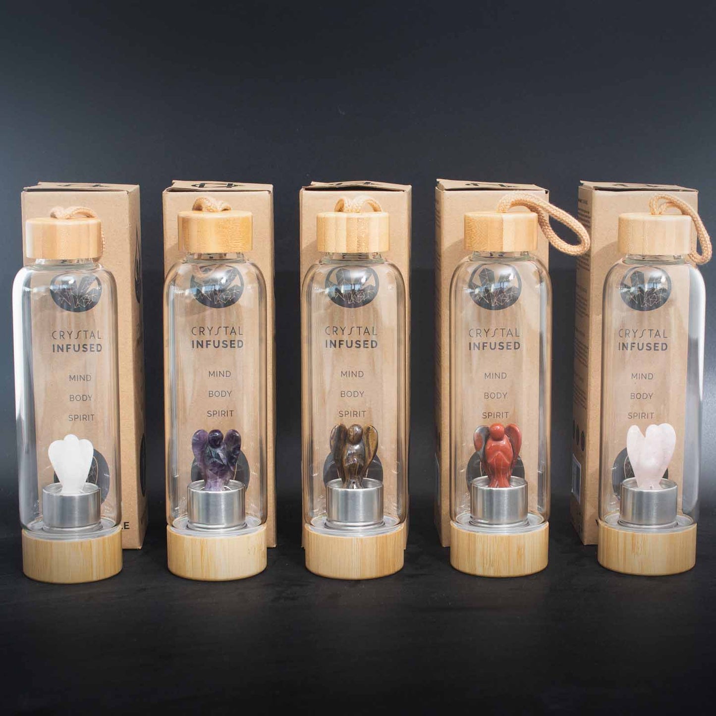 Glass crystal water bottle with clear quartz angel, bamboo lid and base, neoprene sleeve, and gift box. 500ml BPA-free for clarity, healing, and balance.