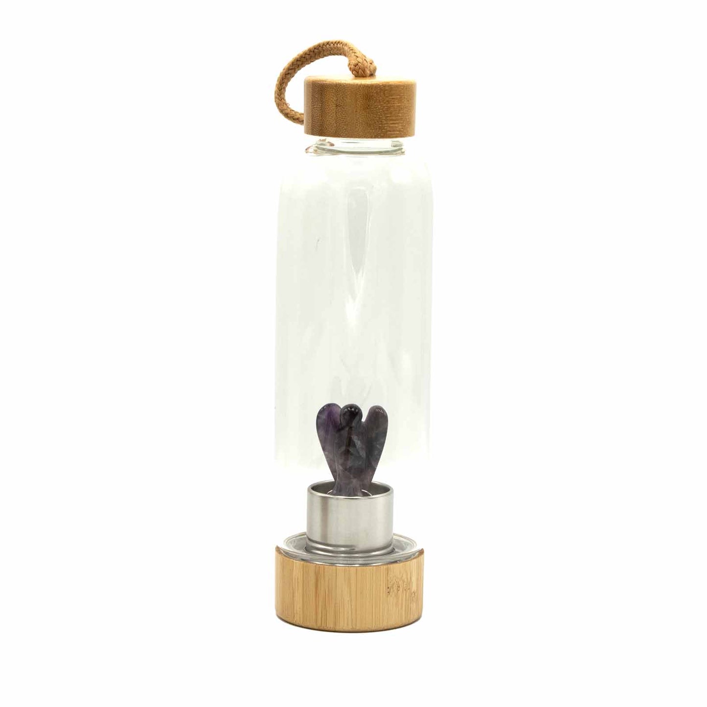 Glass crystal water bottle with amethyst angel figurine, bamboo lid and base, neoprene sleeve, and cardboard gift box. 500ml BPA-free for calm and clarity.