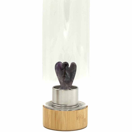 Glass crystal water bottle with amethyst angel figurine, bamboo lid and base, neoprene sleeve, and cardboard gift box. 500ml BPA-free for calm and clarity.