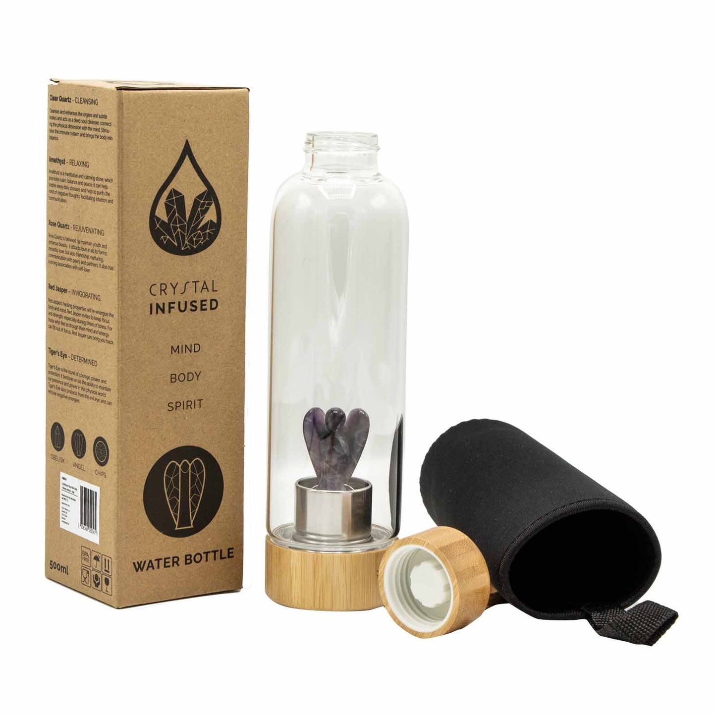 Glass crystal water bottle with amethyst angel figurine, bamboo lid and base, neoprene sleeve, and cardboard gift box. 500ml BPA-free for calm and clarity.