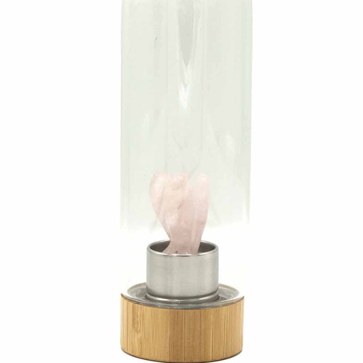 Glass crystal water bottle with rose quartz angel figurine, bamboo lid and base, neoprene sleeve, and gift box. 500ml BPA-free bottle for love and emotional healing.