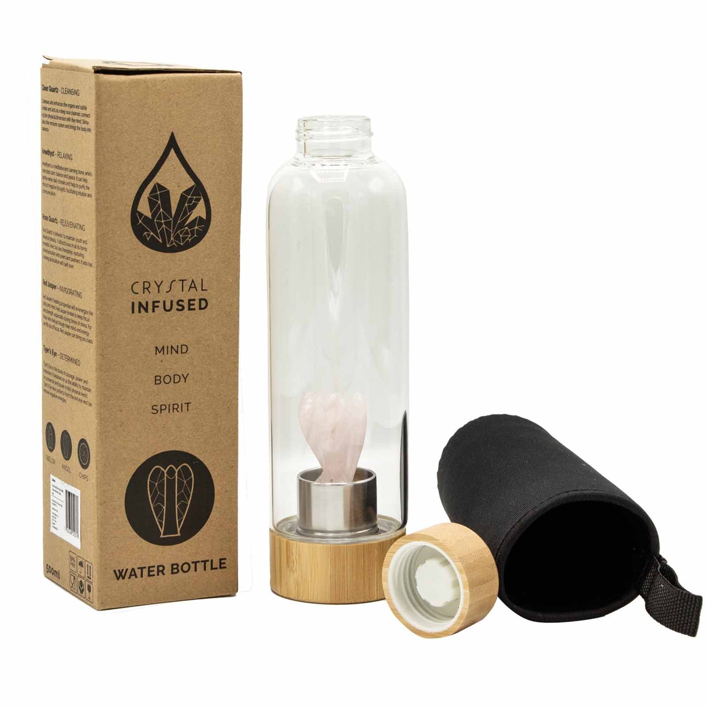 Glass crystal water bottle with rose quartz angel figurine, bamboo lid and base, neoprene sleeve, and gift box. 500ml BPA-free bottle for love and emotional healing.