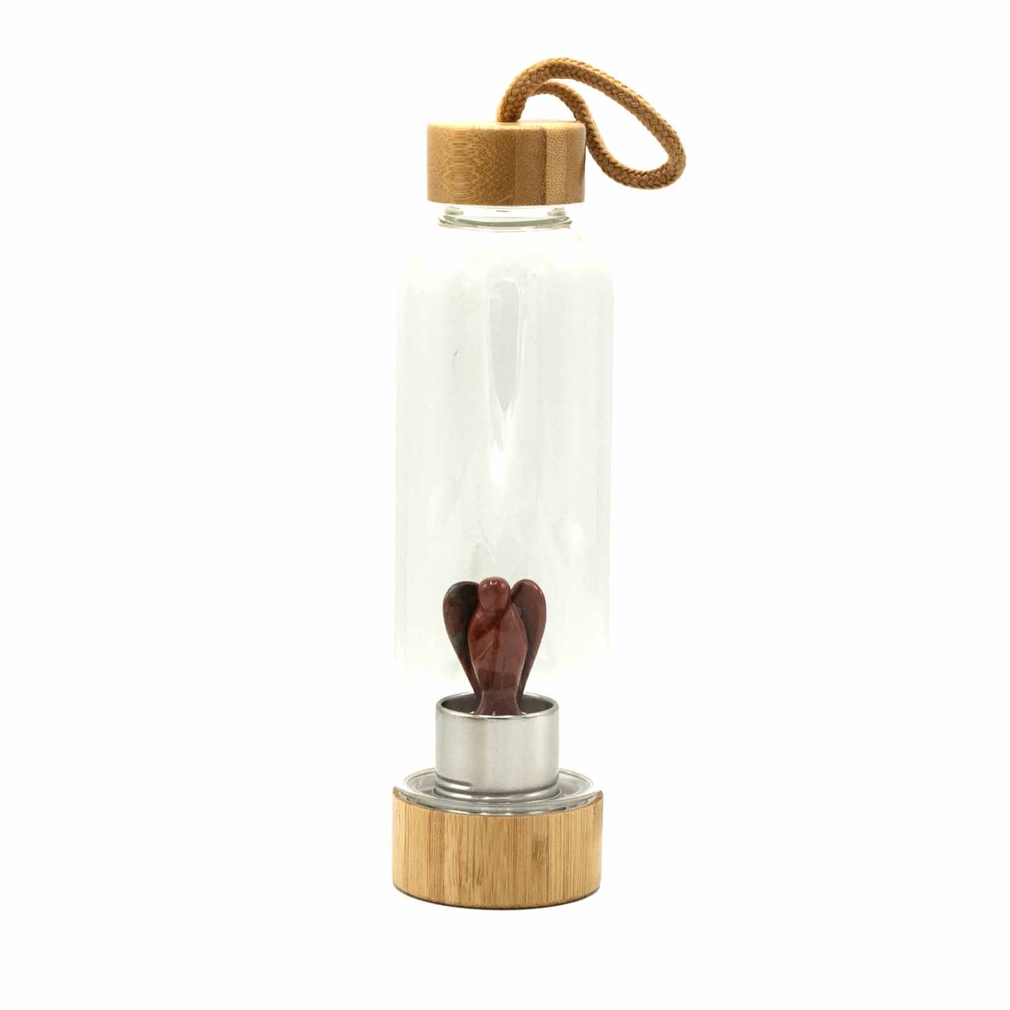 Glass crystal water bottle with red jasper angel figurine, bamboo lid and base, black neoprene sleeve, and eco gift box. 500ml BPA-free for grounding energy.