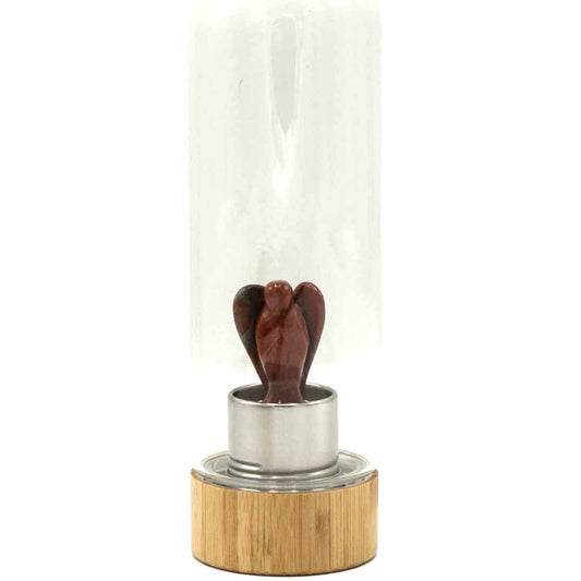 Glass crystal water bottle with red jasper angel figurine, bamboo lid and base, black neoprene sleeve, and eco gift box. 500ml BPA-free for grounding energy.