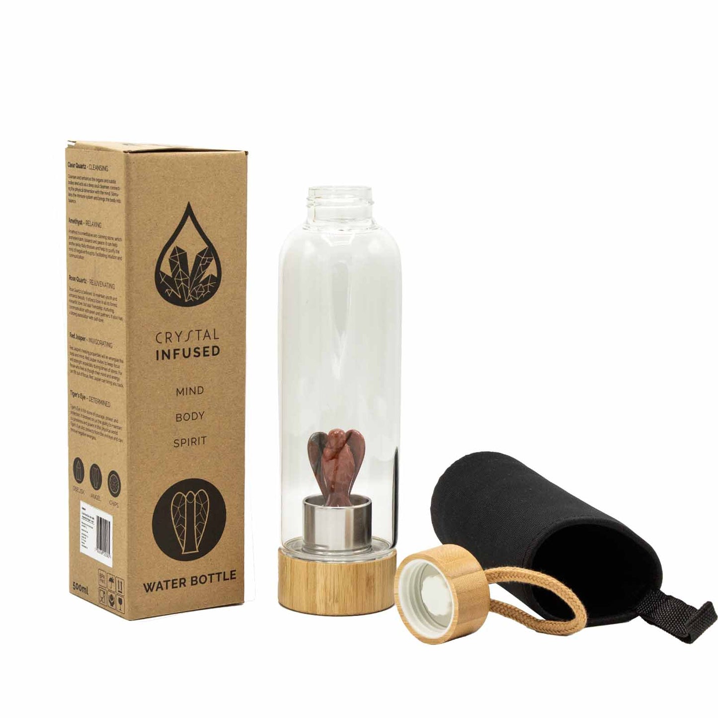 Glass crystal water bottle with red jasper angel figurine, bamboo lid and base, black neoprene sleeve, and eco gift box. 500ml BPA-free for grounding energy.