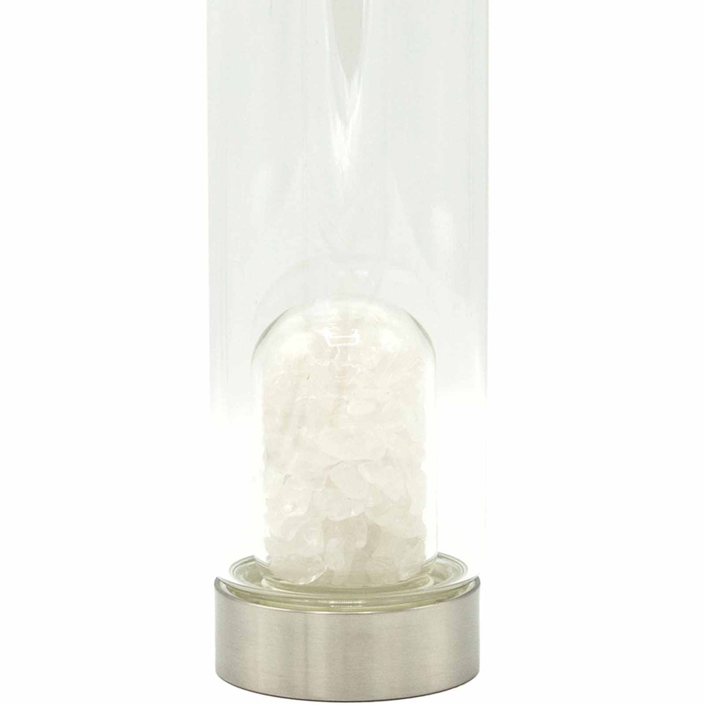 Clear quartz crystal water bottle with stainless steel cap, gemstone chip chamber, neoprene sleeve, and gift box. 500ml BPA-free bottle for energy and clarity.