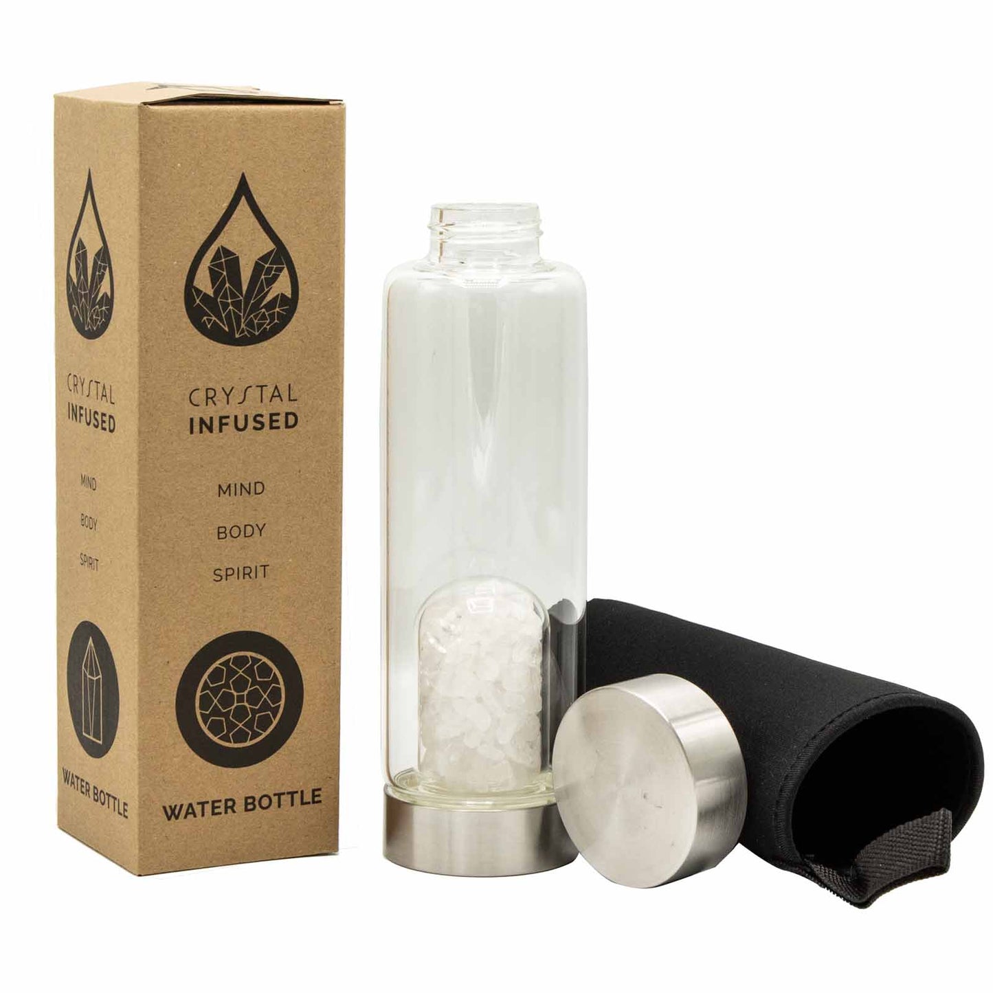 Clear quartz crystal water bottle with stainless steel cap, gemstone chip chamber, neoprene sleeve, and gift box. 500ml BPA-free bottle for energy and clarity.