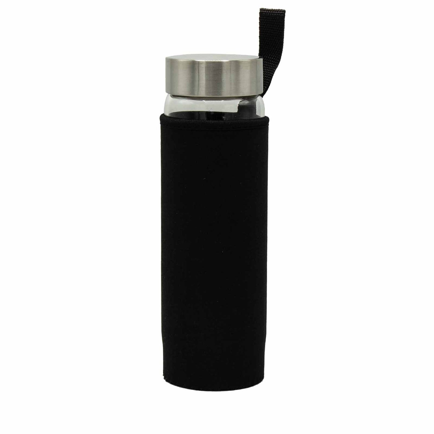 Clear quartz crystal water bottle with stainless steel cap, gemstone chip chamber, neoprene sleeve, and gift box. 500ml BPA-free bottle for energy and clarity.