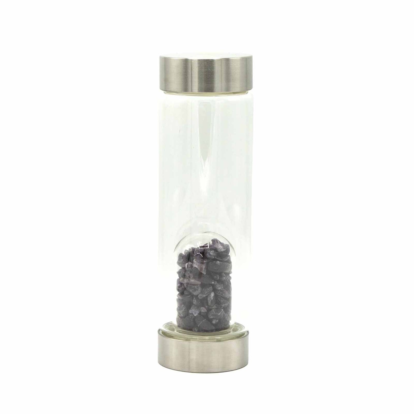 Amethyst crystal water bottle with stainless steel cap, gemstone chip chamber, neoprene sleeve, and gift box. 500ml BPA-free bottle for calm and clarity.