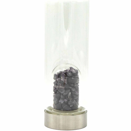 Amethyst crystal water bottle with stainless steel cap, gemstone chip chamber, neoprene sleeve, and gift box. 500ml BPA-free bottle for calm and clarity.