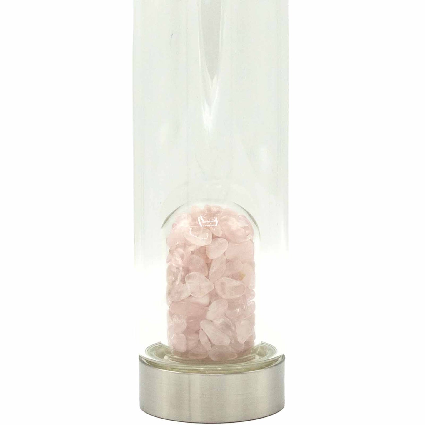 Glass crystal water bottle with rose quartz chips, stainless steel lid, neoprene sleeve, and gift box. 500ml BPA-free. Ideal for self-love and emotional healing.