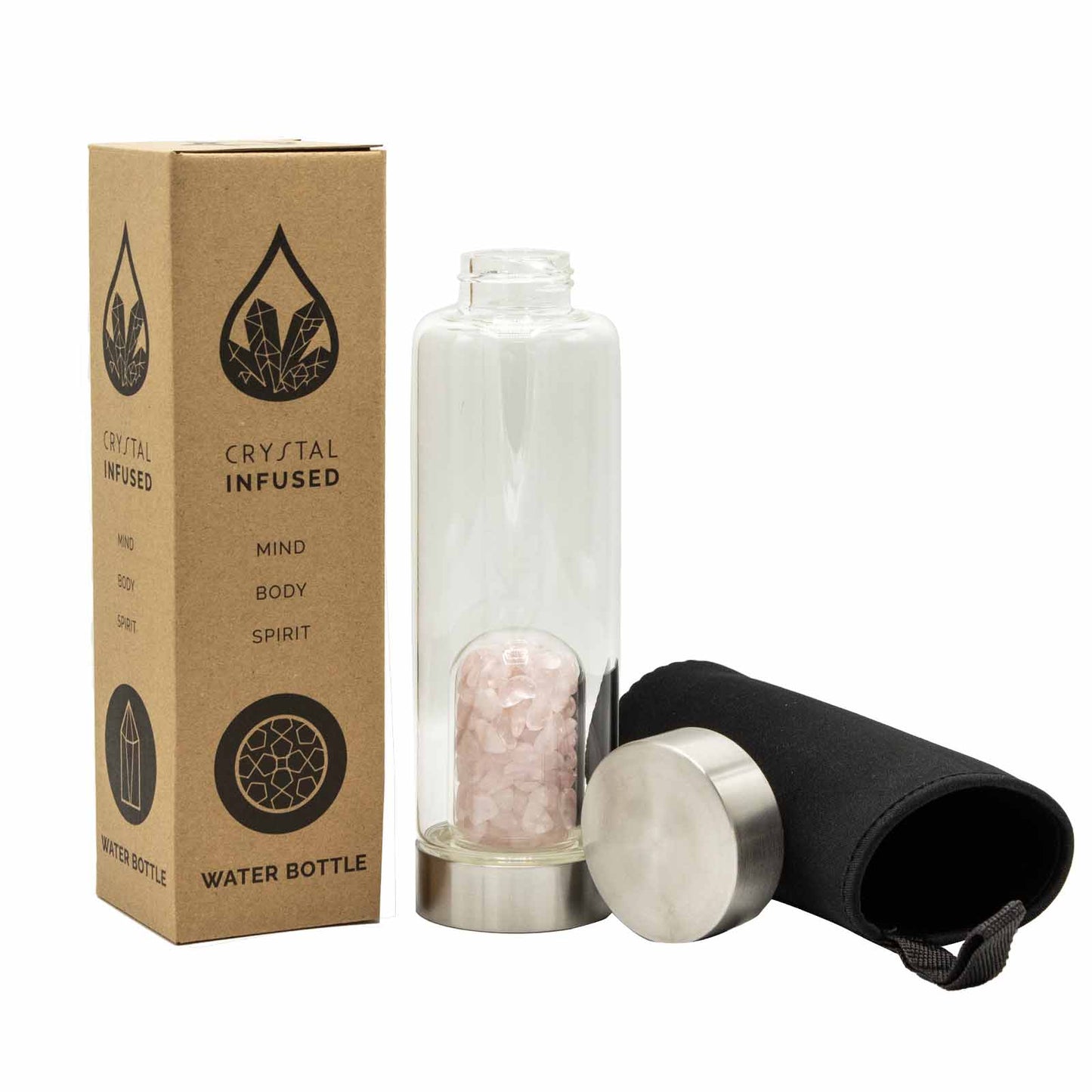 Glass crystal water bottle with rose quartz chips, stainless steel lid, neoprene sleeve, and gift box. 500ml BPA-free. Ideal for self-love and emotional healing.
