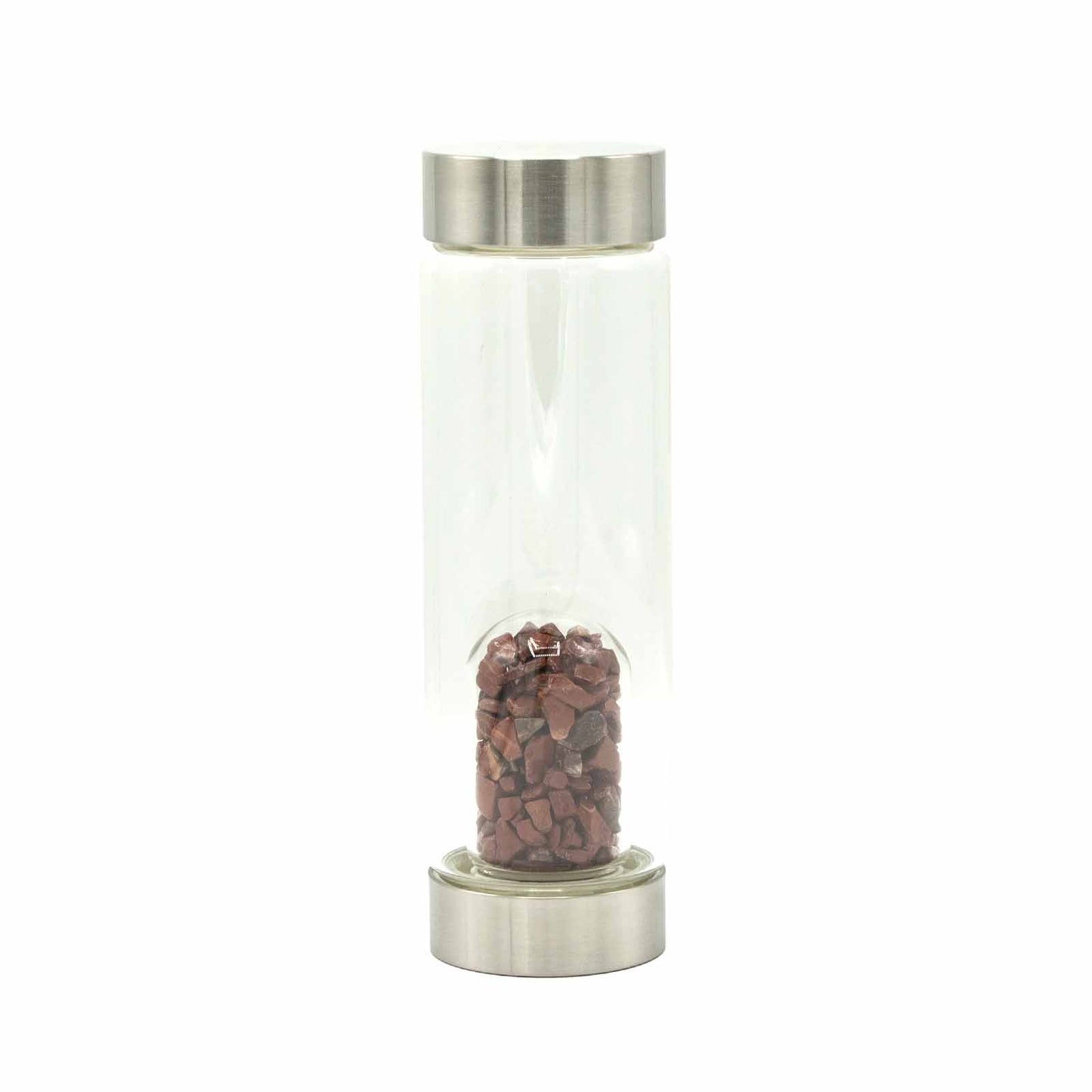 Crystal infused glass bottle with stainless steel lid, red jasper chips, neoprene sleeve, and gift box. 500ml BPA-free bottle for grounding and energy support.