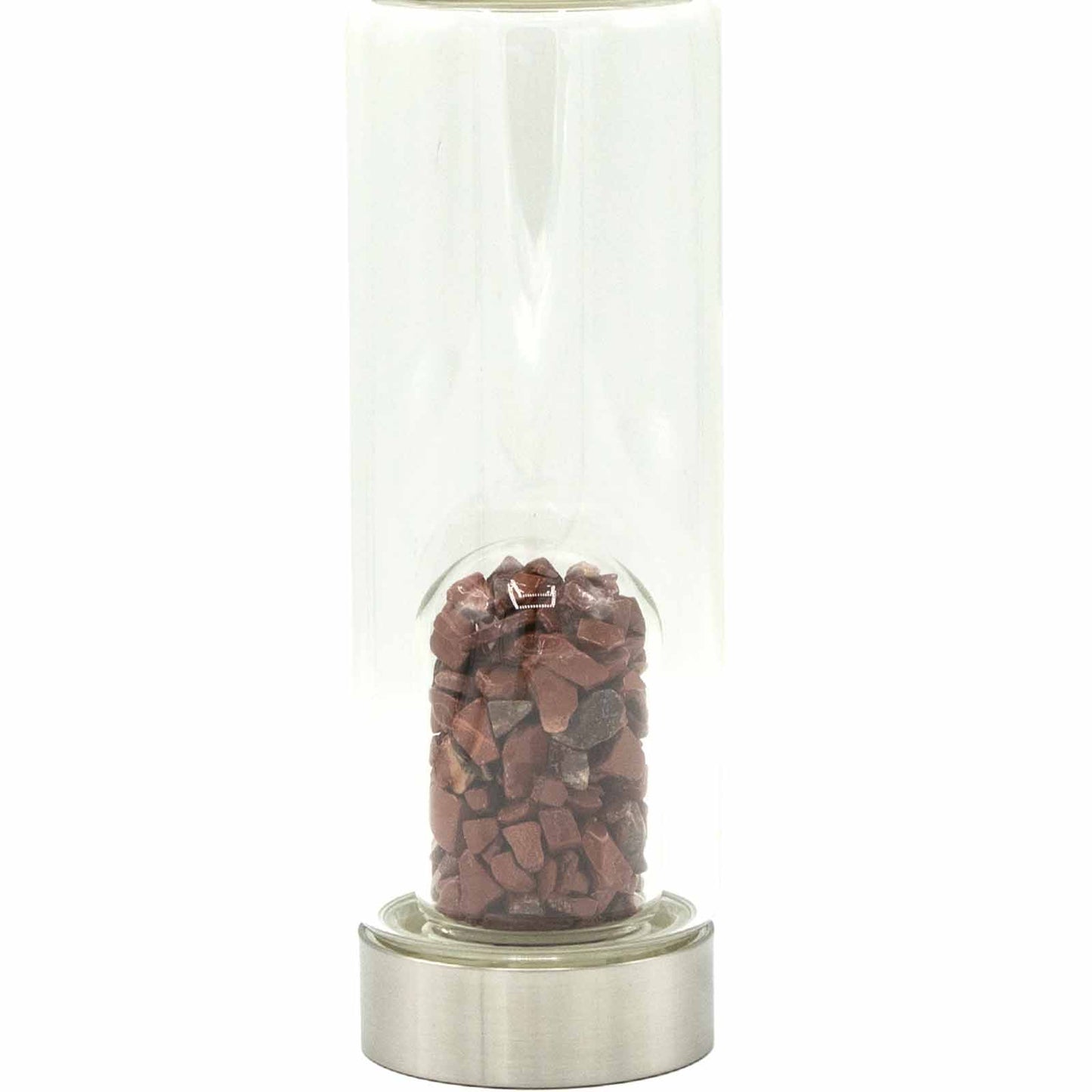 Crystal infused glass bottle with stainless steel lid, red jasper chips, neoprene sleeve, and gift box. 500ml BPA-free bottle for grounding and energy support.