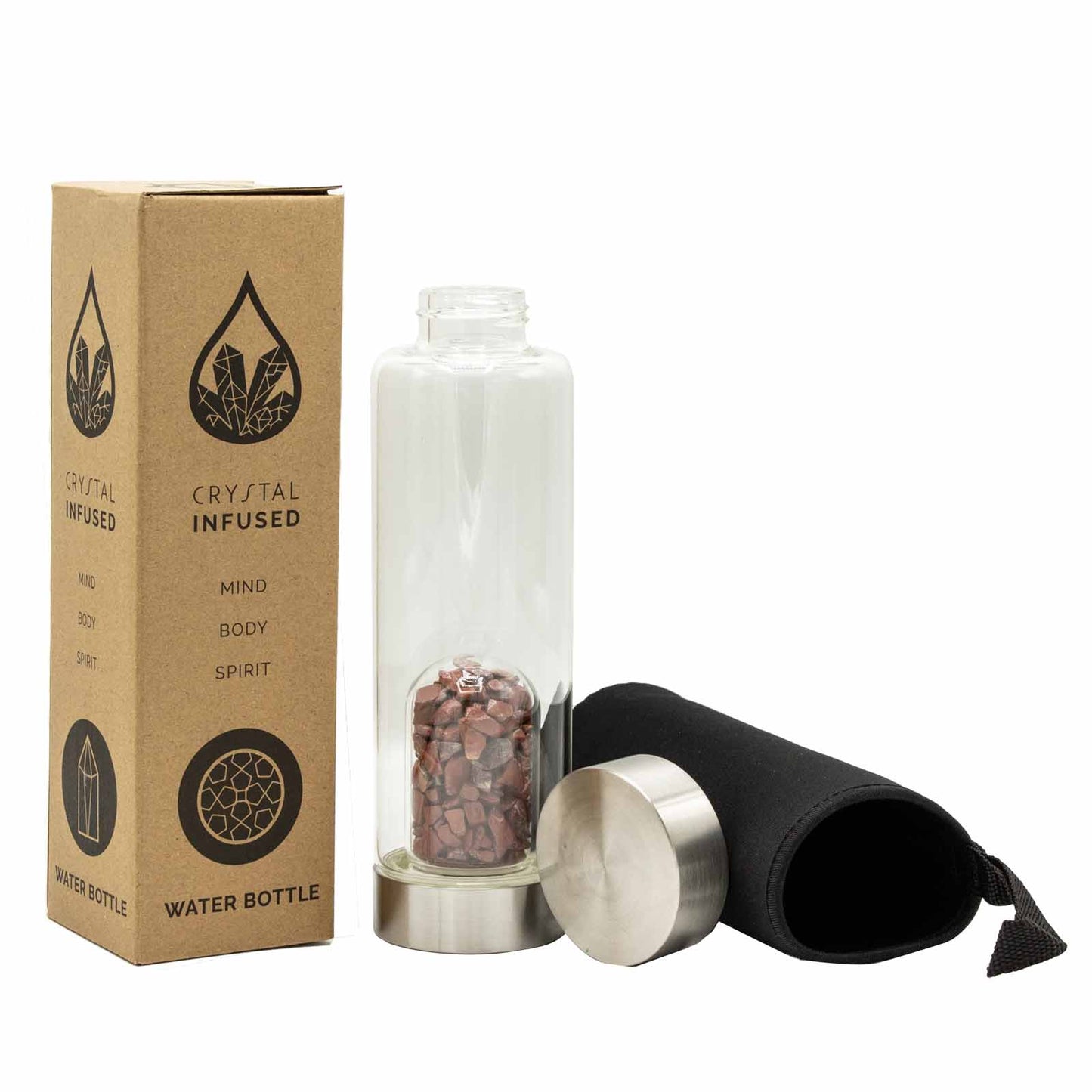Crystal infused glass bottle with stainless steel lid, red jasper chips, neoprene sleeve, and gift box. 500ml BPA-free bottle for grounding and energy support.