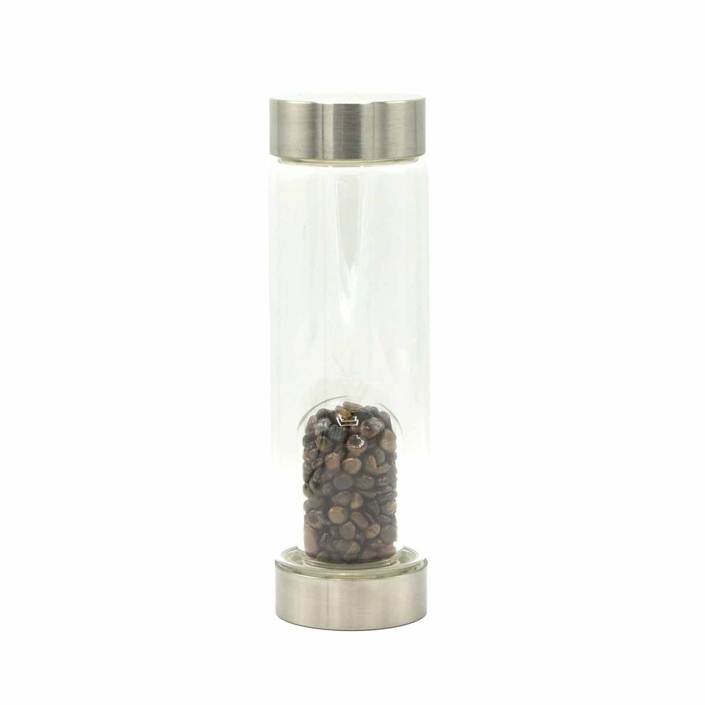 Crystal infused glass bottle with stainless steel cap and tiger’s eye crystal chips, includes neoprene sleeve and eco gift box. 500ml BPA-free spiritual water bottle.