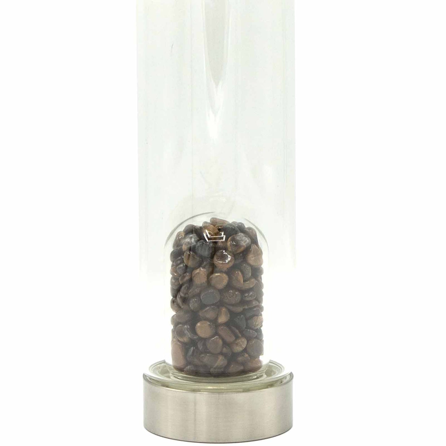 Crystal infused glass bottle with stainless steel cap and tiger’s eye crystal chips, includes neoprene sleeve and eco gift box. 500ml BPA-free spiritual water bottle.