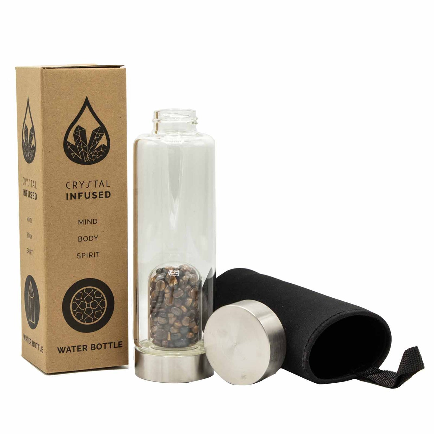 Crystal infused glass bottle with stainless steel cap and tiger’s eye crystal chips, includes neoprene sleeve and eco gift box. 500ml BPA-free spiritual water bottle.
