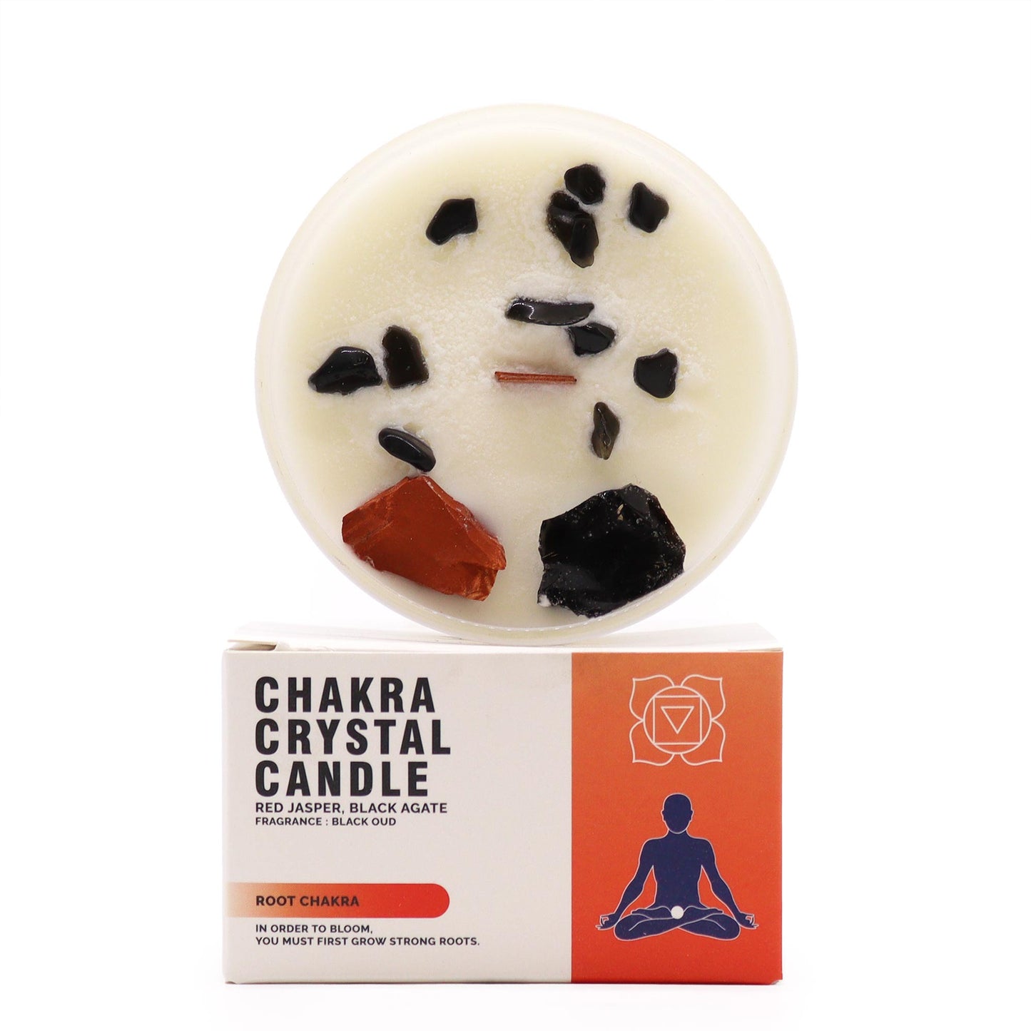 Root Chakra crystal candle with Red Jasper, Black Agate, and Black Oud scent