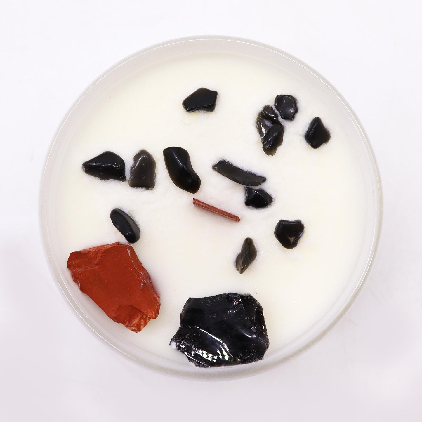 Root Chakra crystal candle with Red Jasper, Black Agate, and Black Oud scent