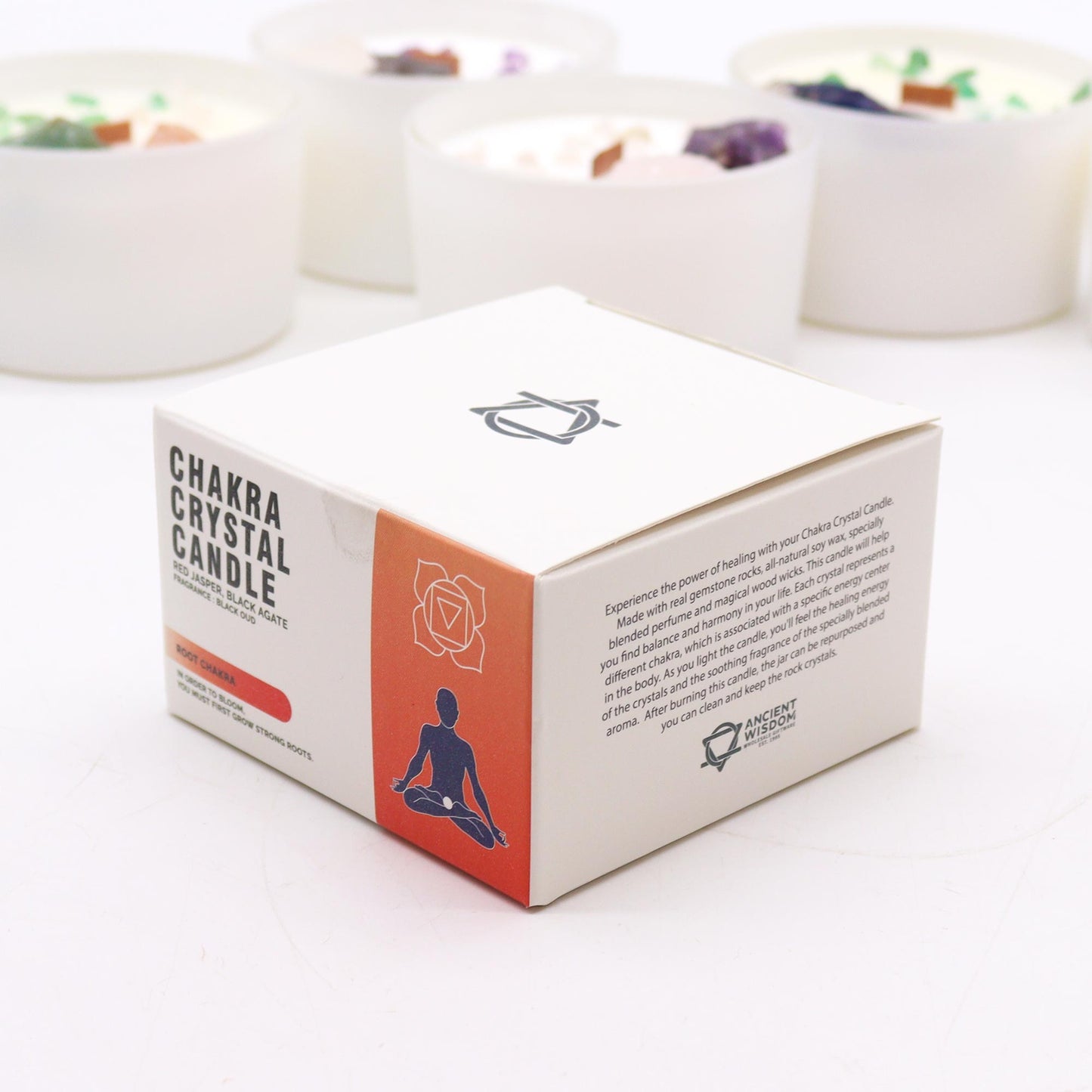 Root Chakra crystal candle with Red Jasper, Black Agate, and Black Oud scent