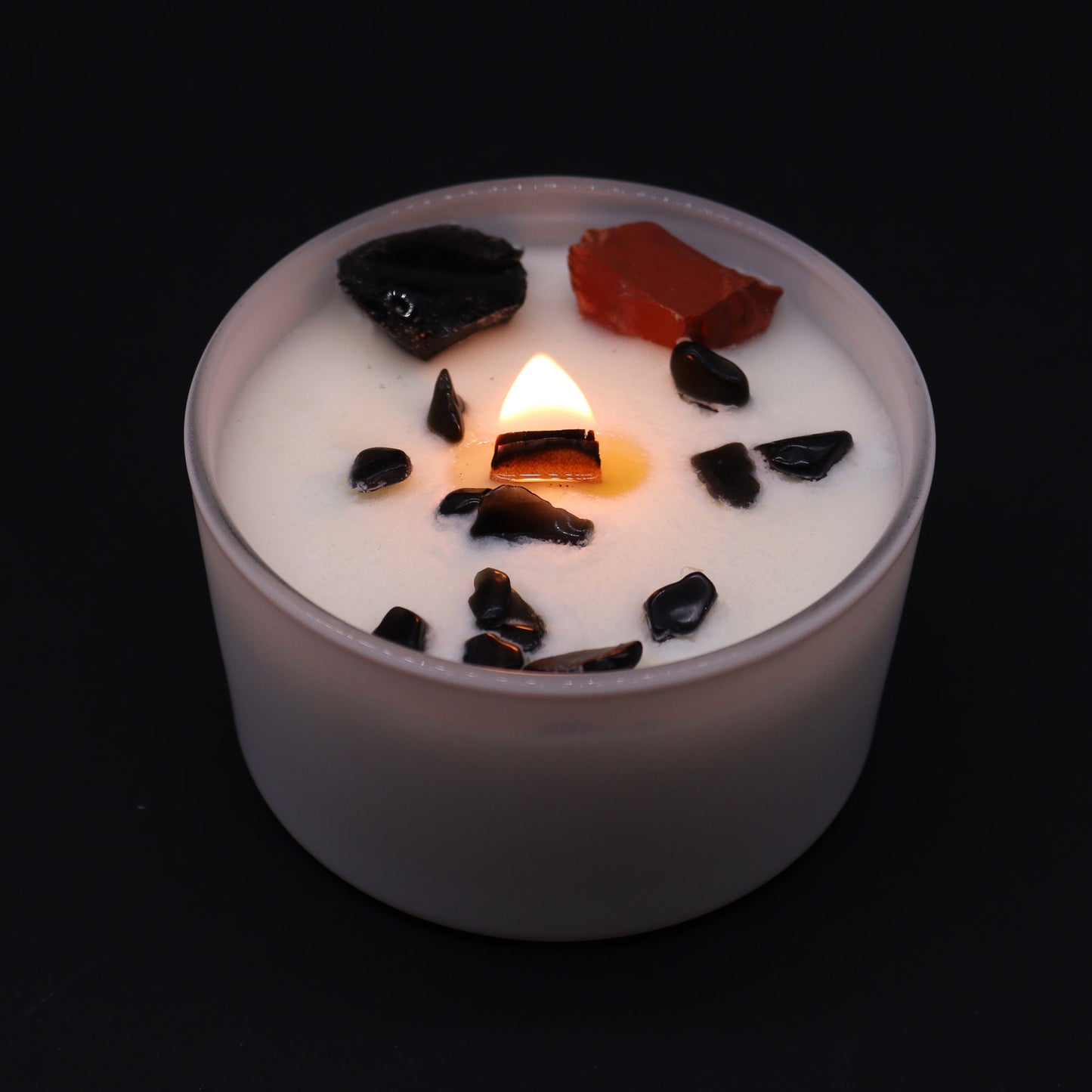 Root Chakra crystal candle with Red Jasper, Black Agate, and Black Oud scent